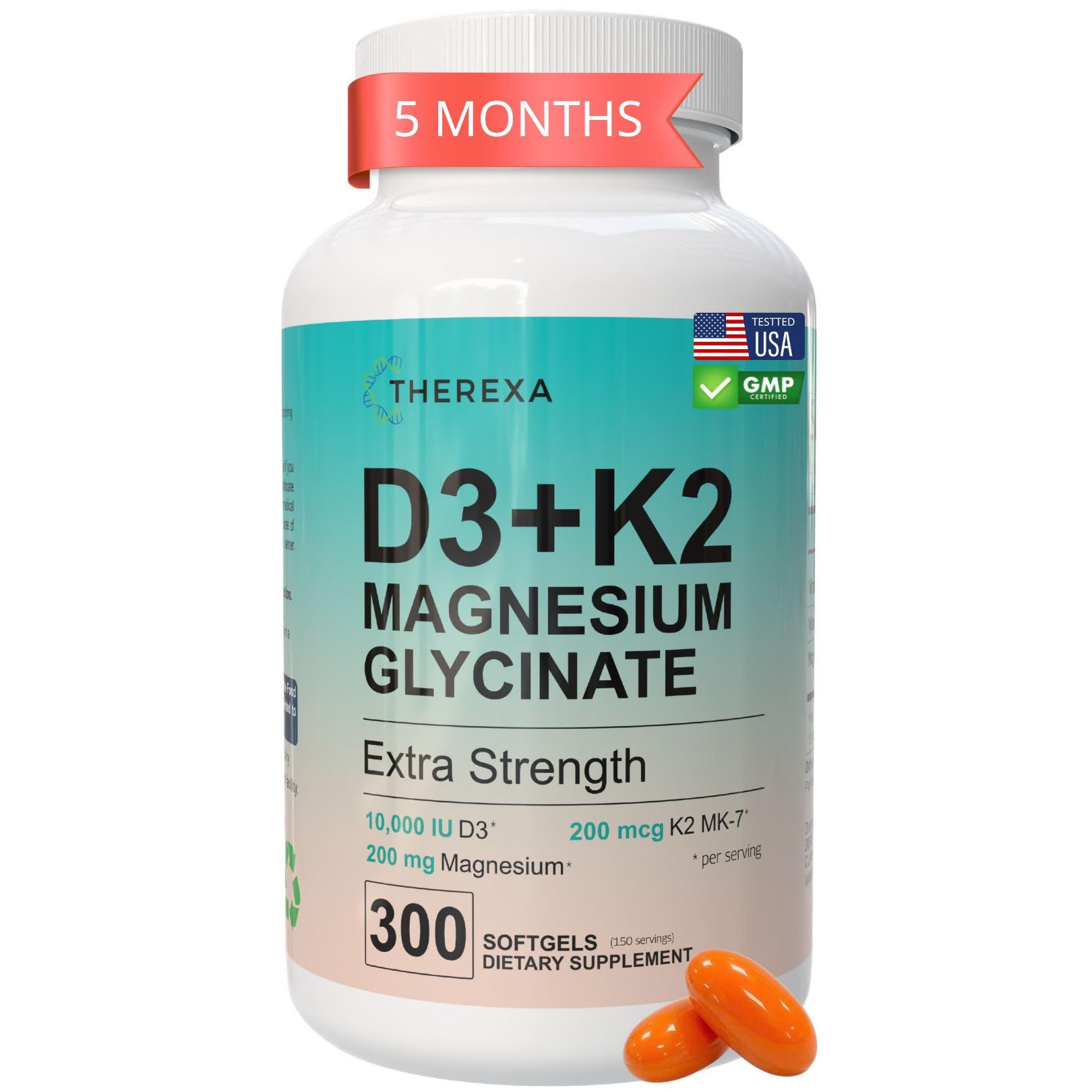 THEREXA Vitamin D3 K2 10000 IU Magnesium Glycinate Softgels 300