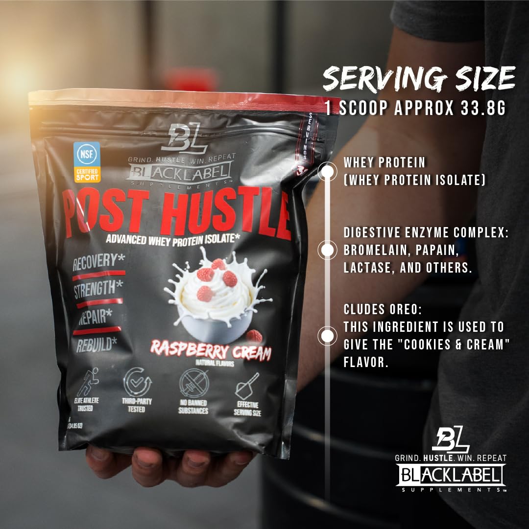 BLACKLABEL Supplements Post Hustle Post Workout Protein Powder 40 Servings – Whey Isolate Protein Powder with Digestive Enzymes – Raspberry Cream