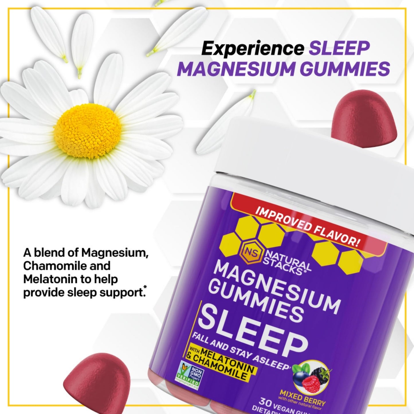 NATURAL STACKS Sleep Magnesium Gummies with Melatonin Mixed Berry 30 Count