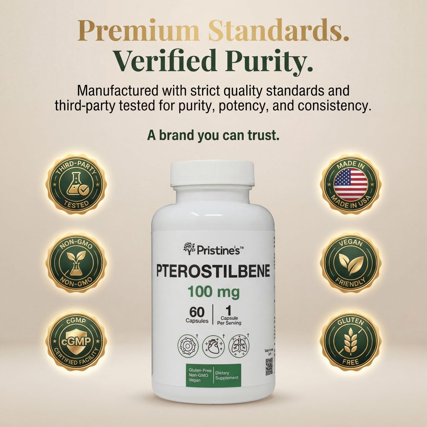 PRISTINE'S Pterostilbene 100mg Anti Aging Supplement Capsules, 60 Count
