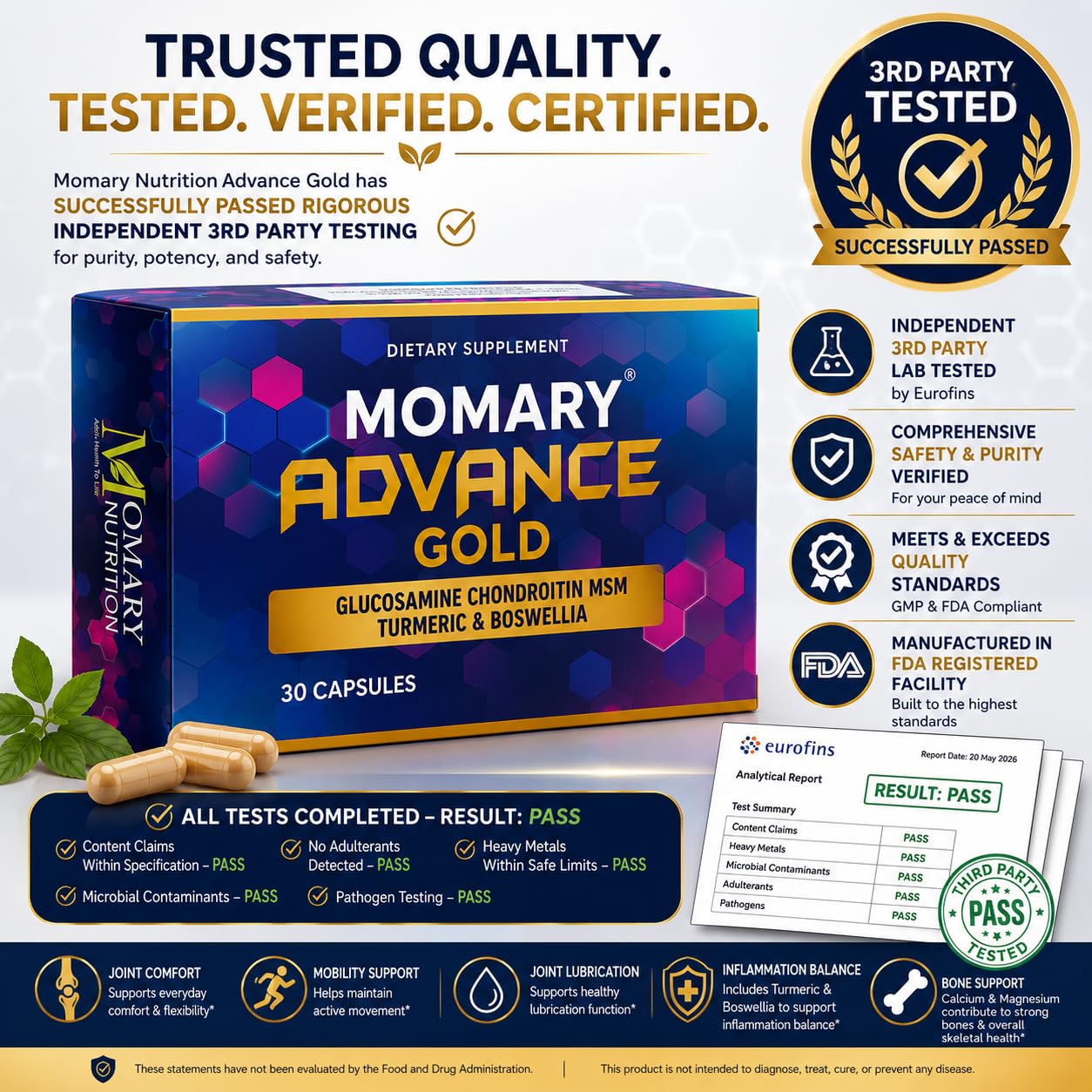MOMARY NUTRITION Advance Gold Glucosamine Chondroitin MSM Turmeric Boswellia Calcium & Magnesium – Advanced Joint Comfort & Mobility Support Capsules, 30 Count