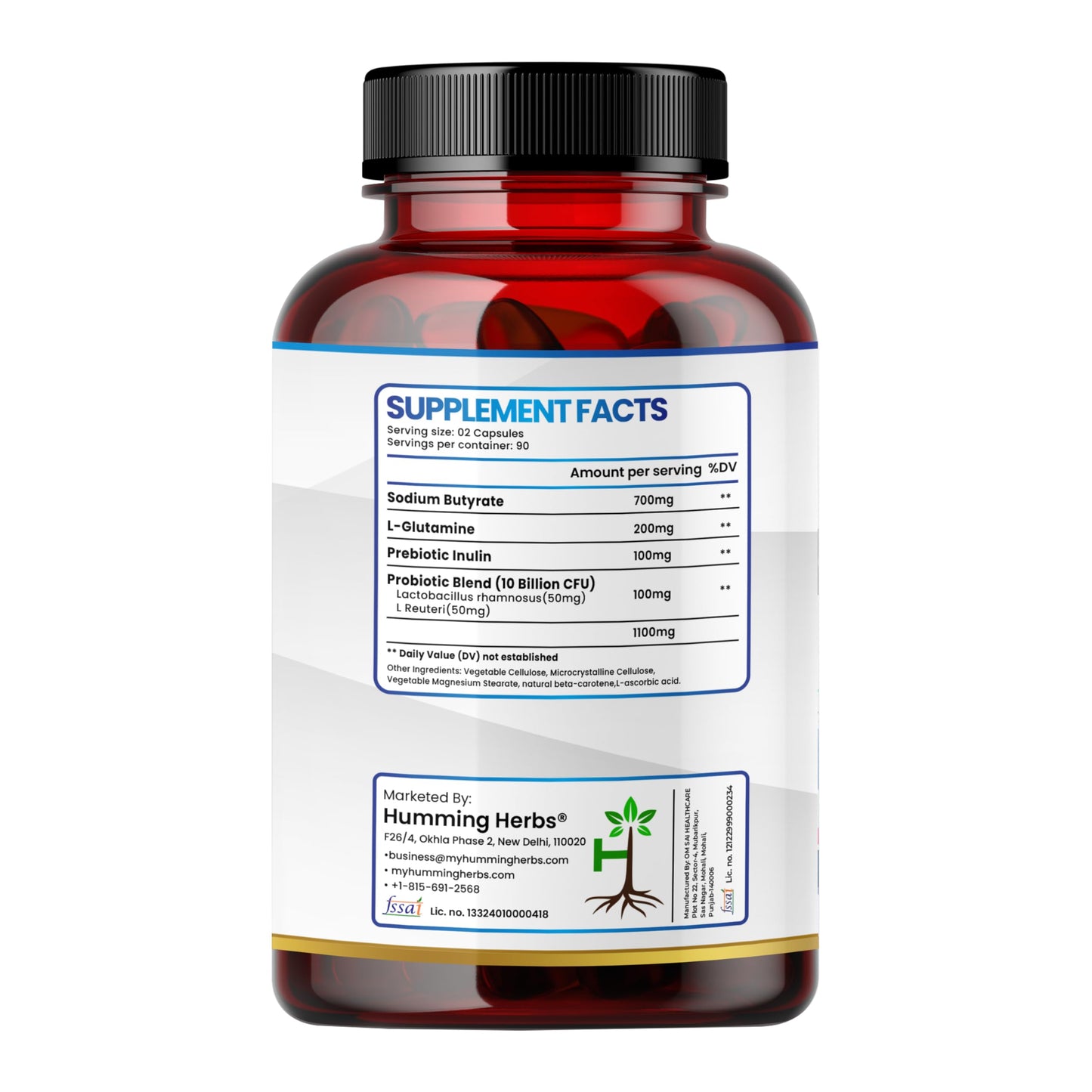 Humming Herbs Sodium Butyrate Capsules 4-in-1 Digestive Support with L-Glutamine + Prebiotic Inulin + Probiotic Blend (10 Billion CFU) Vegetarian, 180 Capsules