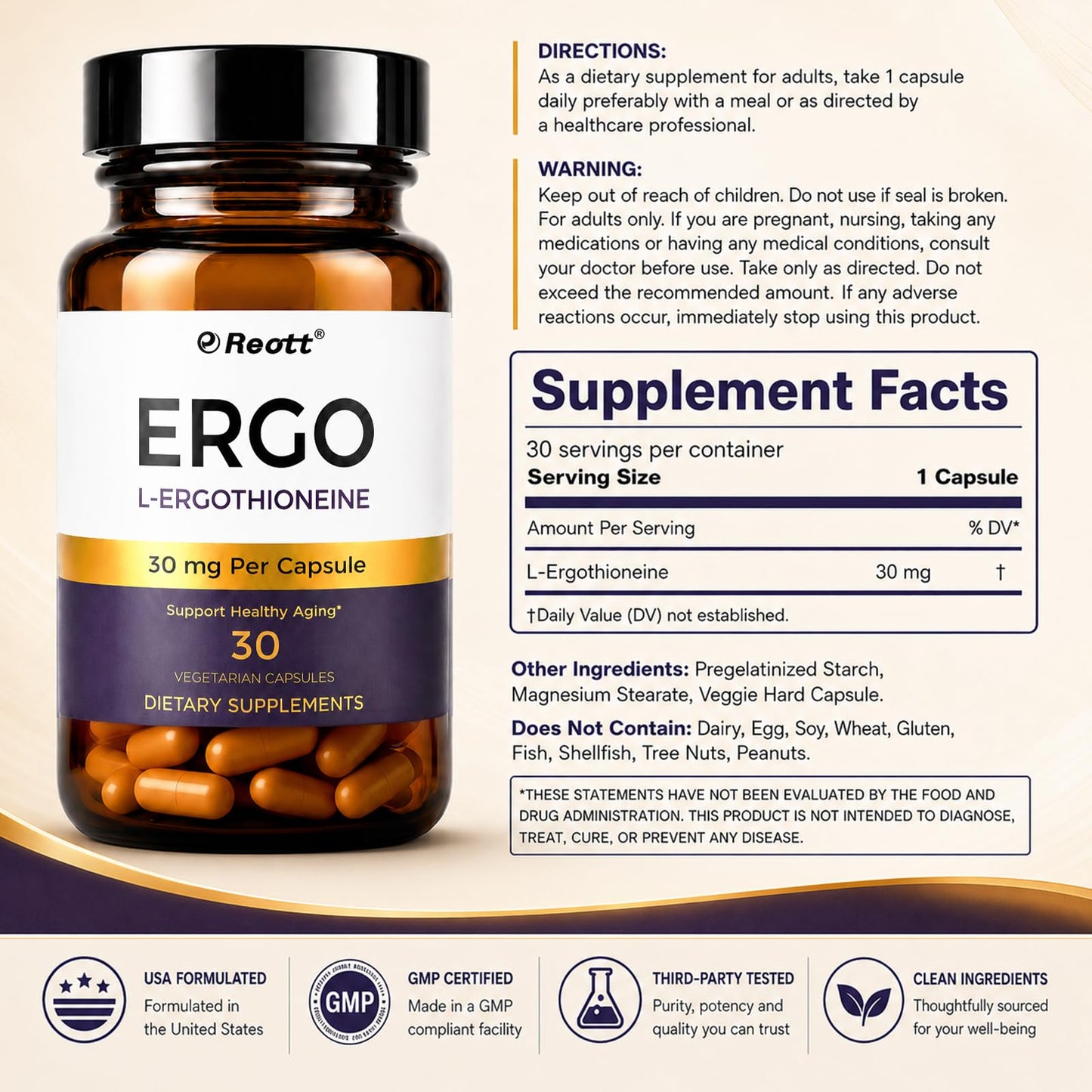 REOTT Ergothioneine Capsules, 30 Count