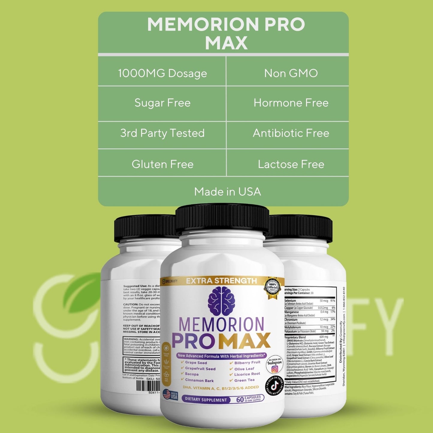 GREENVIFY Memorion Pro Max Extra Strength Brain Support Supplement Capsule, 60 Capsules