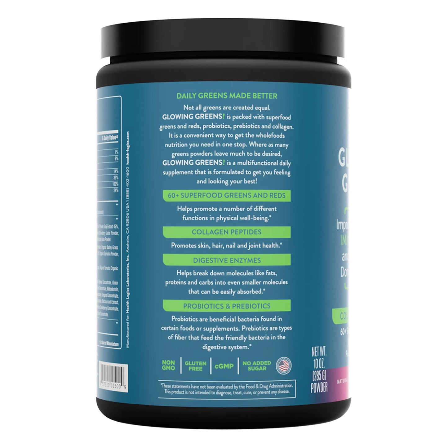 Health Logics Glowing Greens Superfood Powder with Collagen Peptides, Digestive Enzymes, Prebiotics and Probiotics – Antioxidant, Improve Wellness, Immune, Digestive and Gut Health Support, 10.03 oz