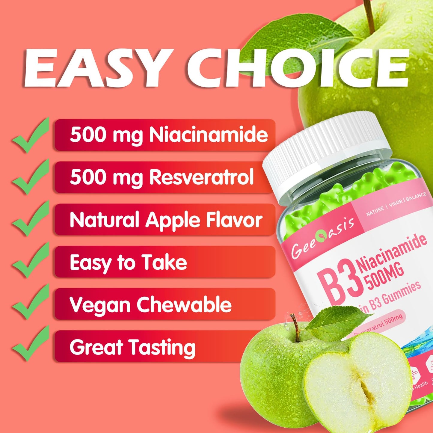 Geeoasis Niacinamide 500mg Gummies with Resveratrol 500mg, 60 Count