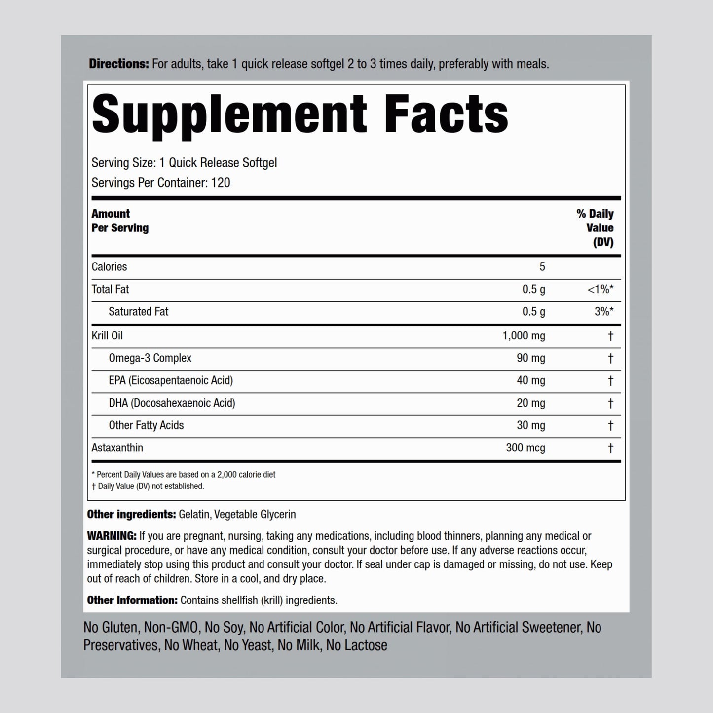 Piping Rock Krill Oil Omega-3 1000mg Softgel Capsules, 120 Count
