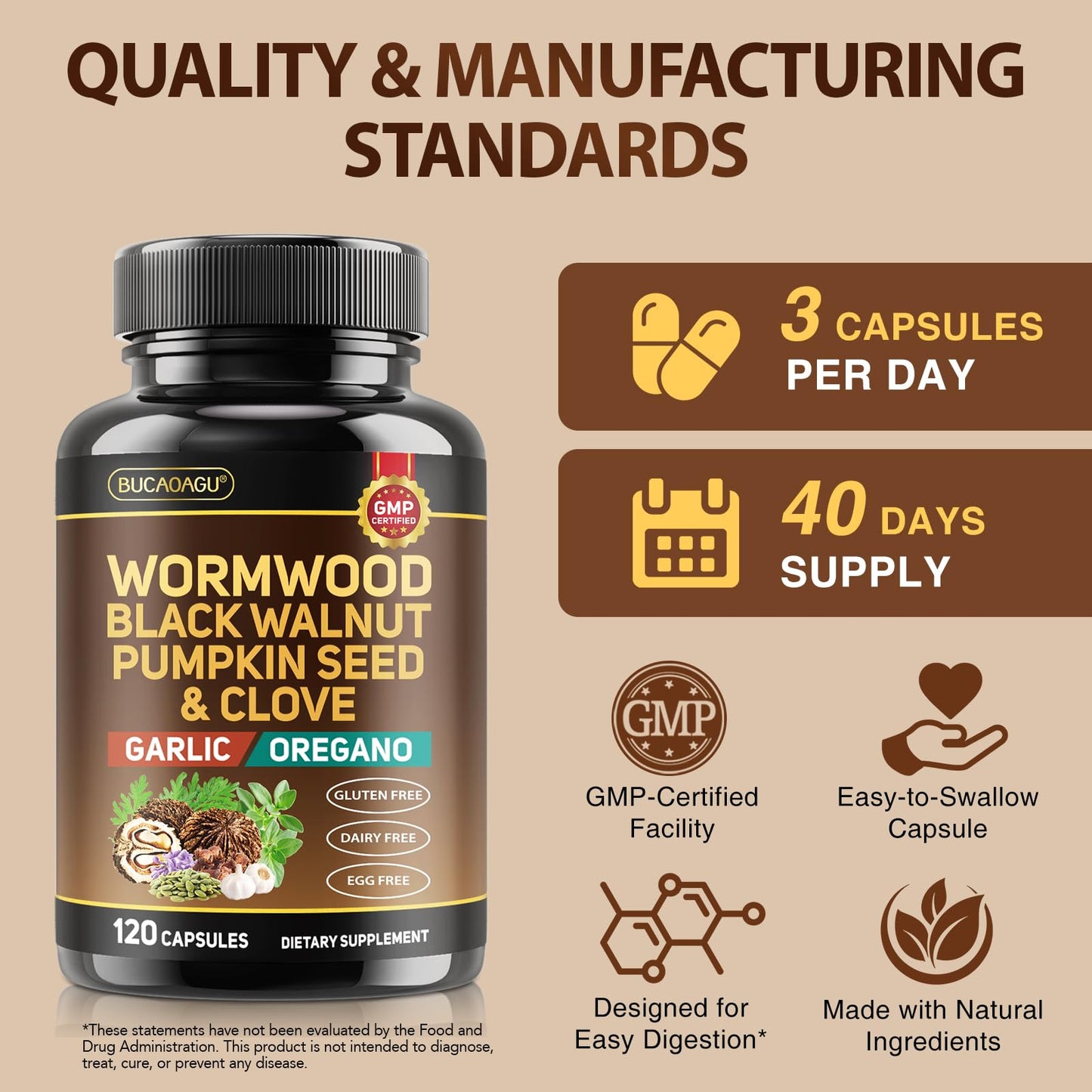 BUCAOAGU Wormwood Black Walnut Clove Cleanse for Humans - Natural Gut Cleanse & Digestive Health with Pumpkin Seed Garlic Oregano Neem Papaya Turmeric Diatomaceous Earth Probiotic Supplement 120 Capsules