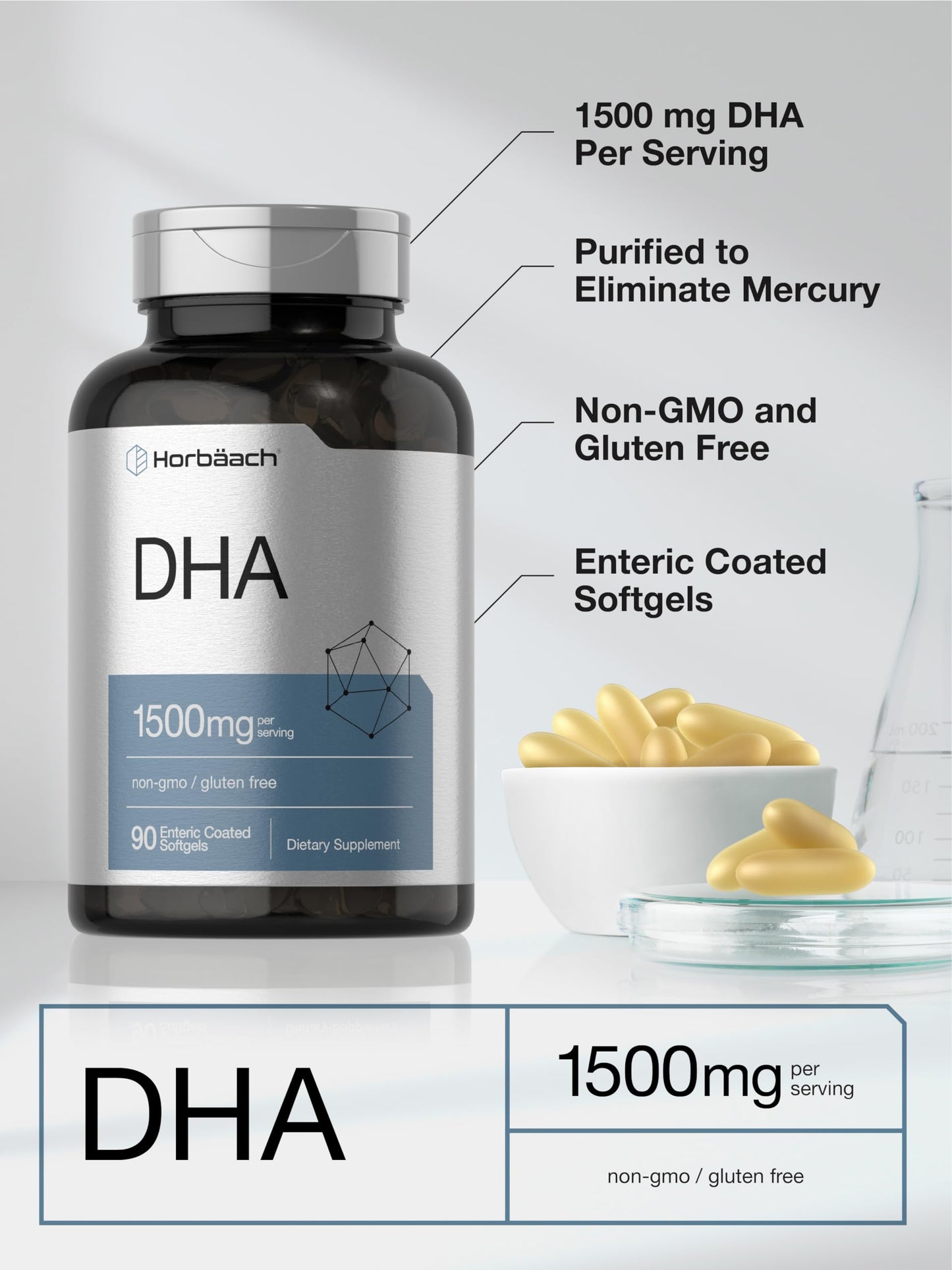 Horbäach DHA Supplement 1500mg Softgels, 90 Count