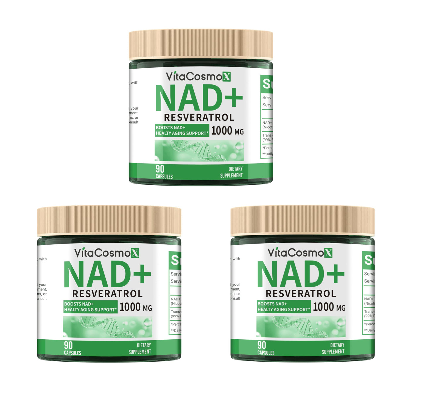 VitaCosmoX NAD+ Nicotinamide Riboside Resveratrol Supplement 1000 mg, 90 Capsules
