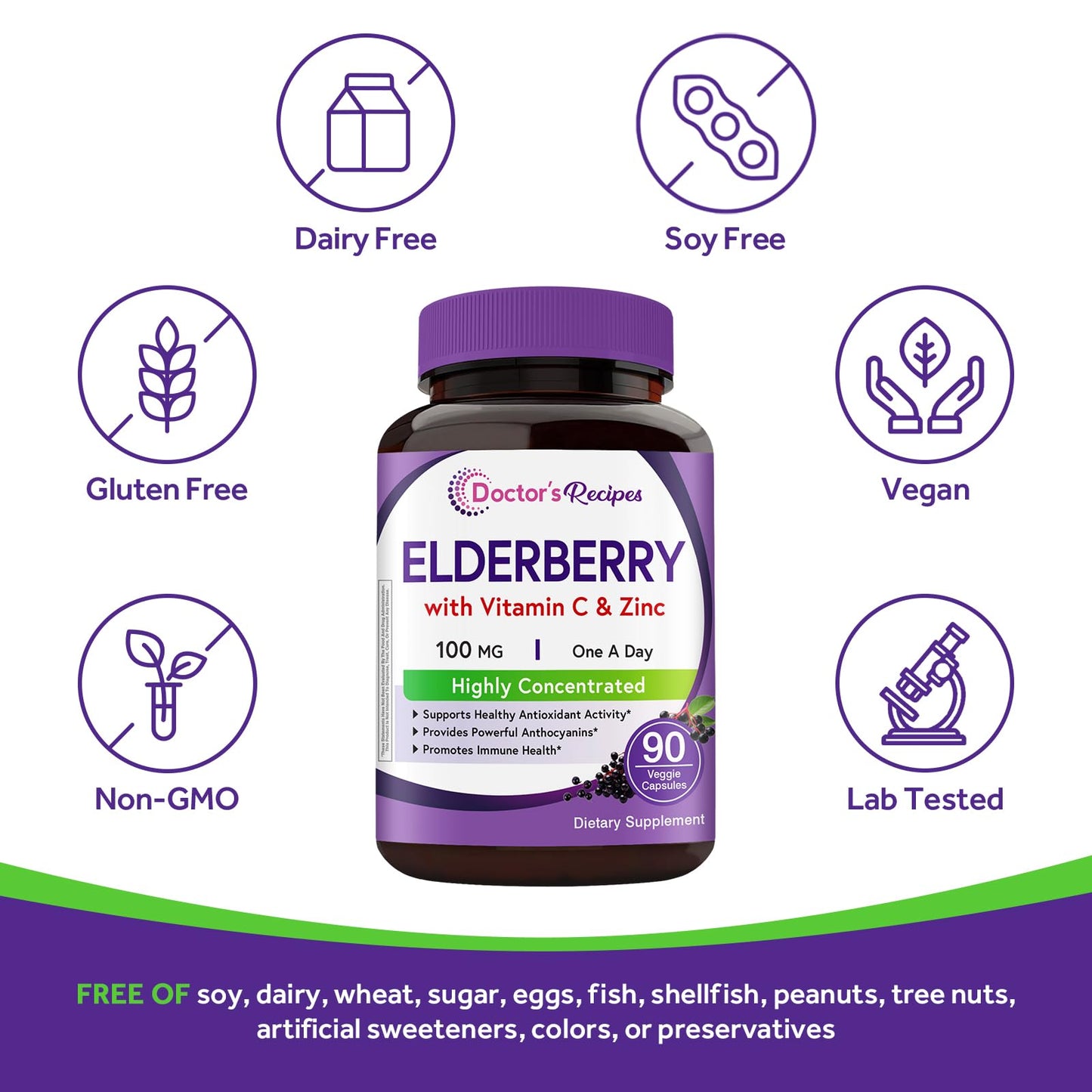 Doctor's Recipes Elderberry Extract with Vitamin C and Zinc, Extra Strength Sambucus Extract for Immune Support, 90 Capsules