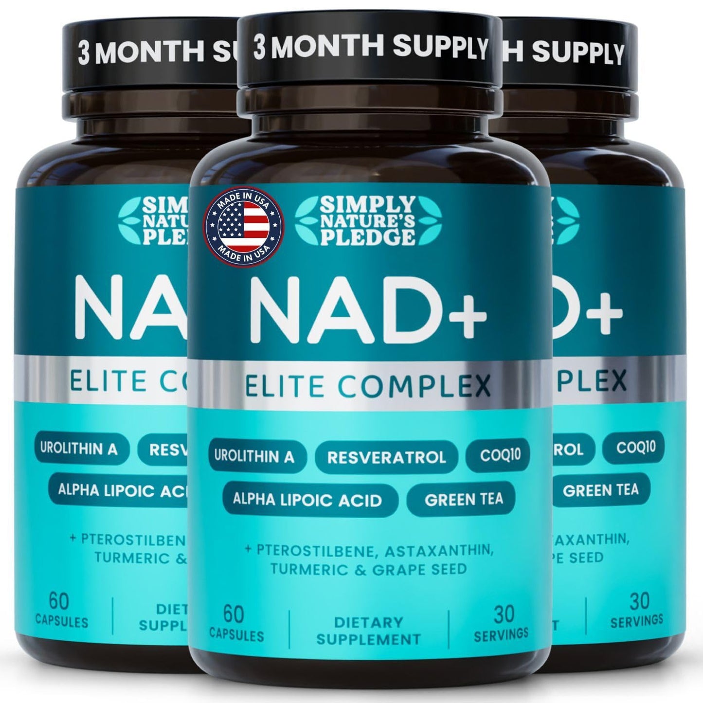 Simply Nature's Pledge NAD+ Elite Complex Direct NAD+ 300 mg with Urolithin A, Resveratrol, CoQ10 & Antioxidant Blend – Cellular Energy, Mitochondrial Support & Healthy Aging – Vegan, Non-GMO, 180 Capsules