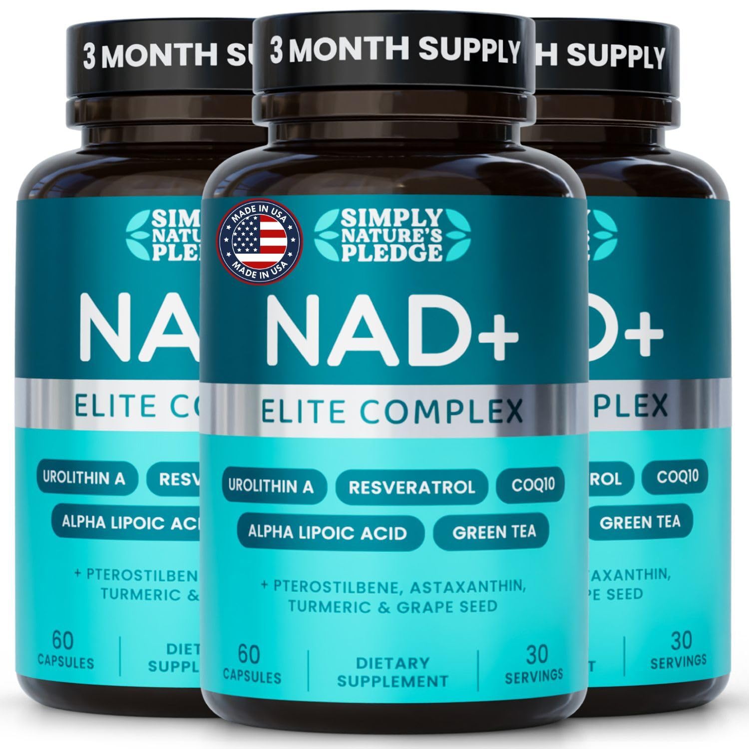 Simply Nature's Pledge NAD+ Elite Complex Direct NAD+ 300 mg with Urolithin A, Resveratrol, CoQ10 & Antioxidant Blend – Cellular Energy, Mitochondrial Support & Healthy Aging – Vegan, Non-GMO, 180 Capsules