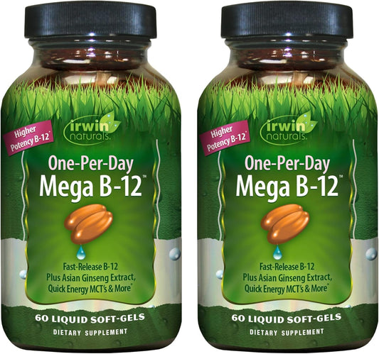 Irwin Naturals One-Per-Day Mega B-12 1,500 mcg High Potency Methylcobalamin Vitamin - Fast Enhanced Absorption with MCT + Asian Ginseng - Natural Energy Boost, 60 Softgels (Pack of 2)