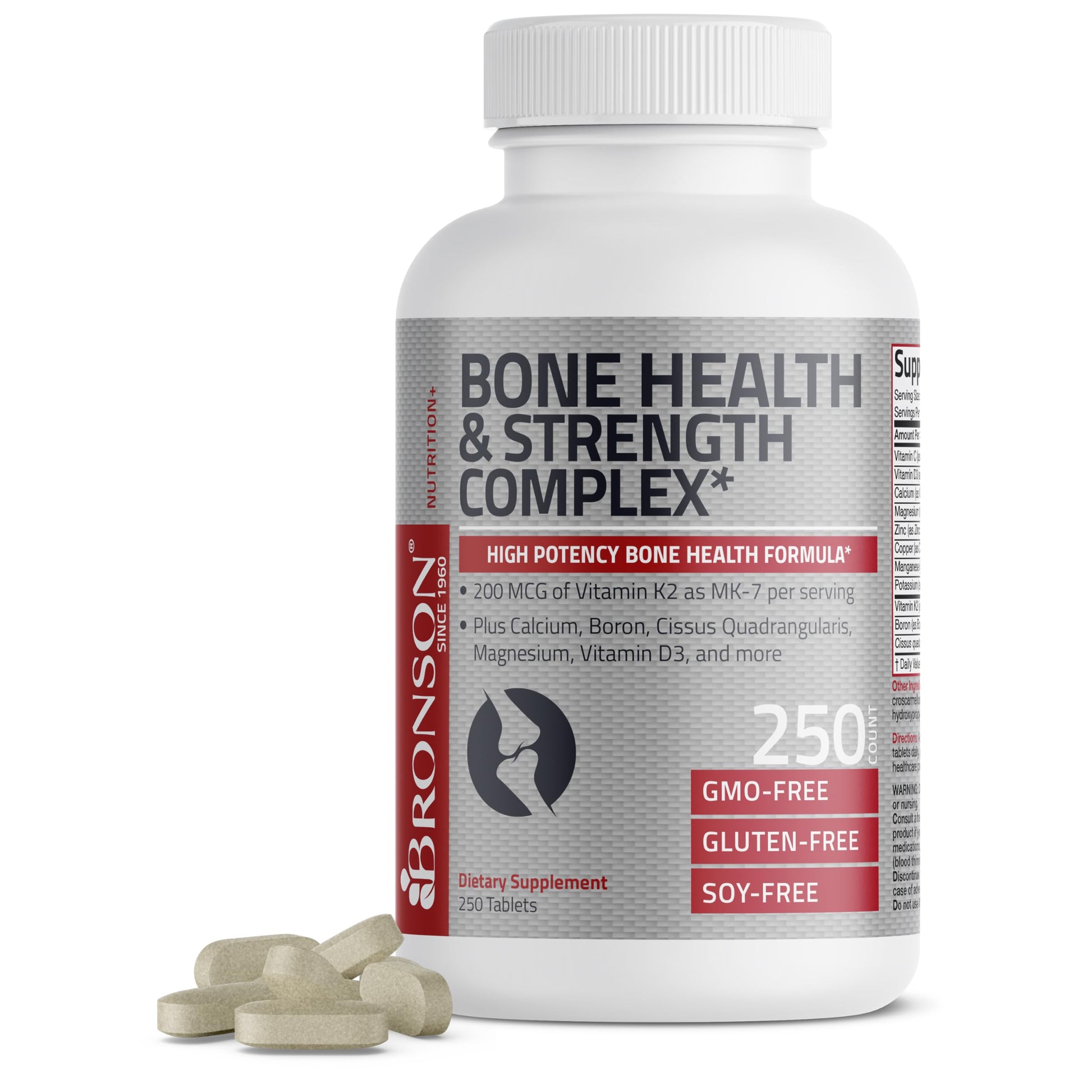 Bronson Bone Health & Strength Complex High Potency Formula 200 mcg Vitamin K2 as MK7, Plus Calcium, Boron, Cissus Quadrangularis, Magnesium, Vitamin D3, and More - Non-GMO, 250 Tablets