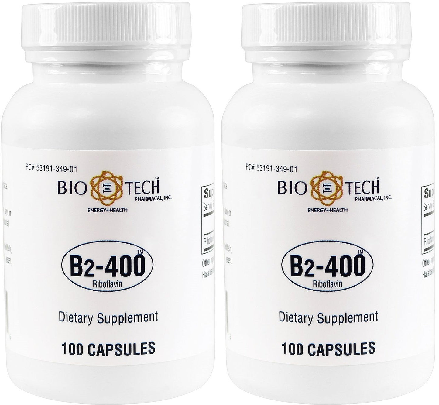 Bio-Tech Pharmacal B2-400 Riboflavin Capsules, 100 Count Per Bottle, 2 Bottles