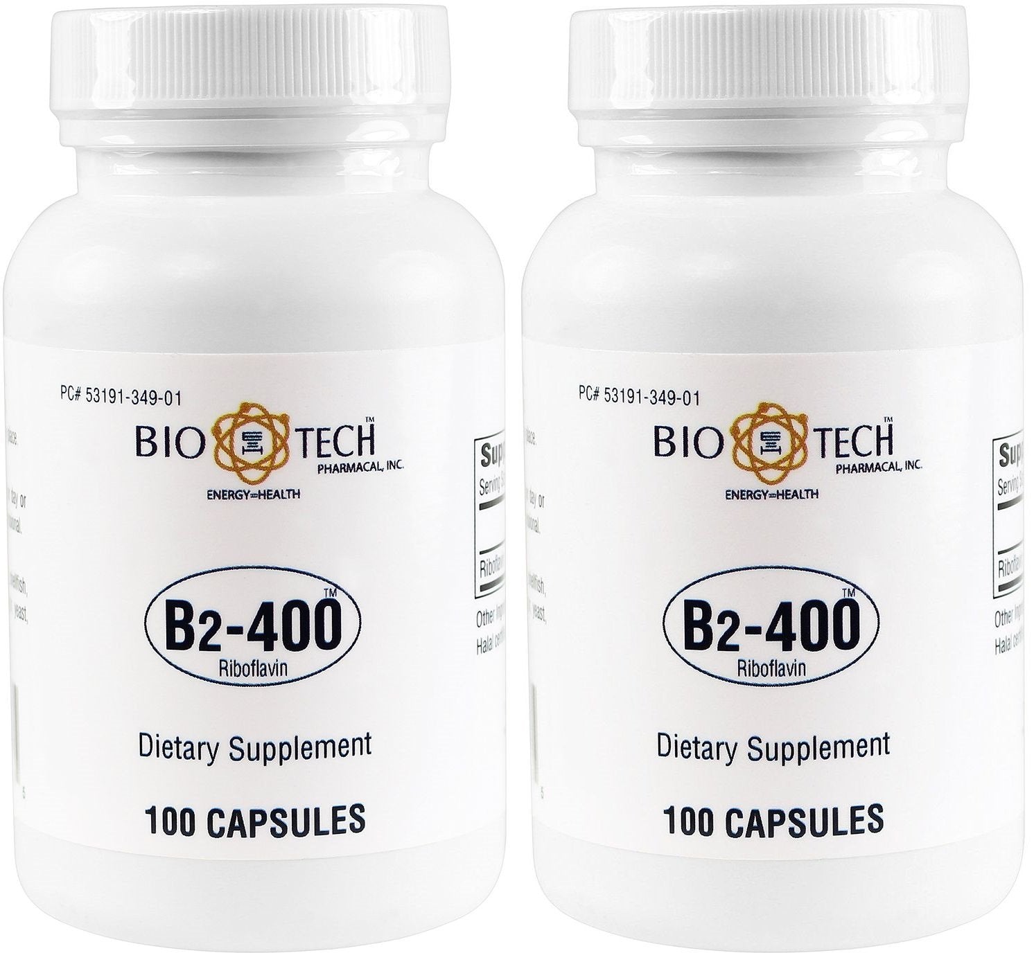 Bio-Tech Pharmacal B2-400 Riboflavin Capsules, 100 Count Per Bottle, 2 Bottles