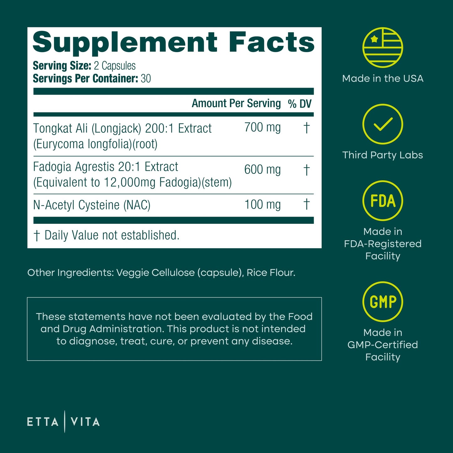 Etta Vita 200:1 Longjack Tongkat Ali & Fadogia Agrestis Supplement Capsules, 60 Count