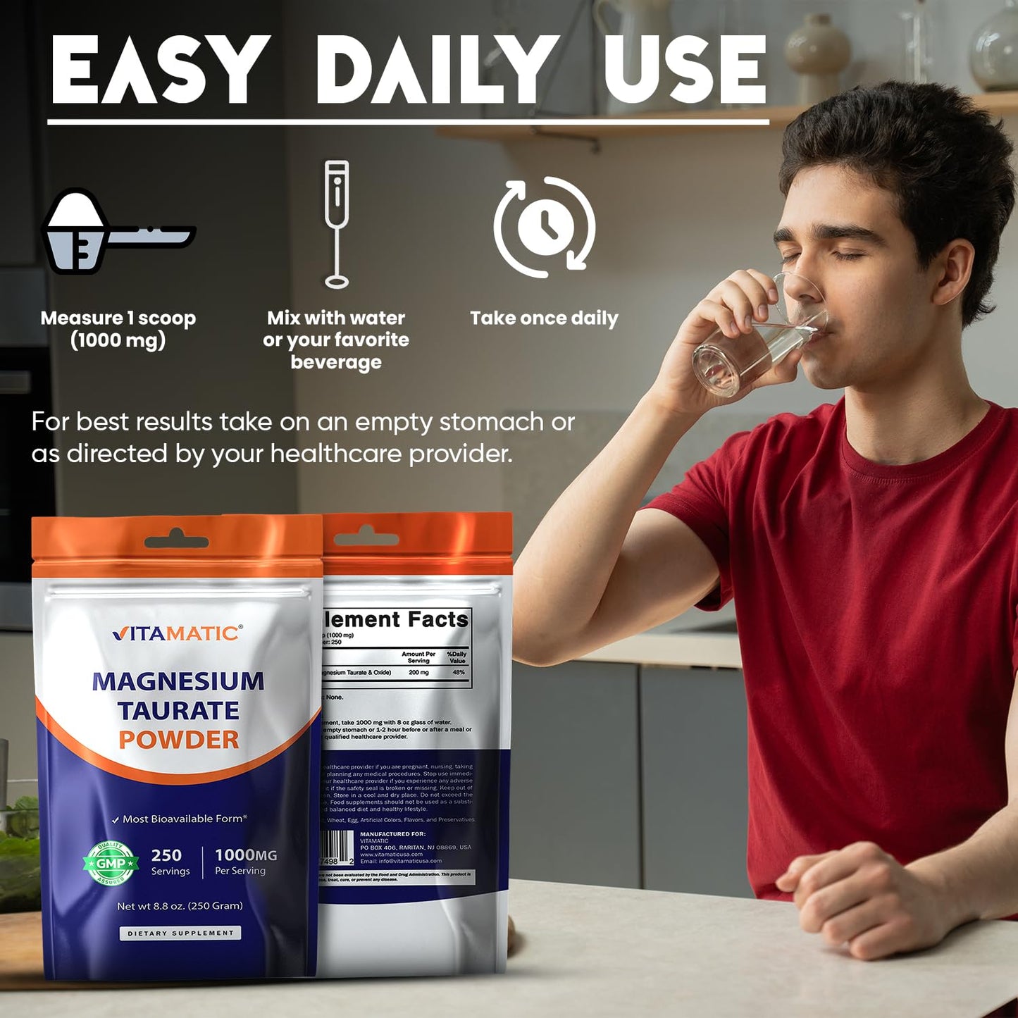 Vitamatic Magnesium Taurate 1000mg Powder 8.8 oz 250 Servings