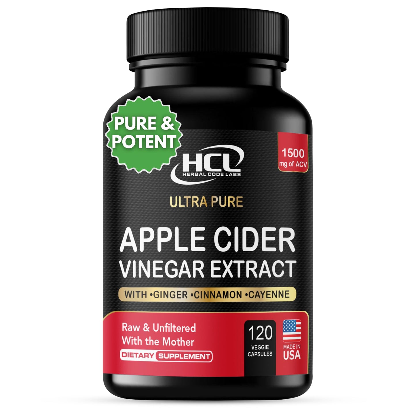 HCL HERBAL CODE LABS Apple Cider Vinegar Capsules 1500 mg Extract with the Mother, Extra Strength, Ginger Cayenne Cinnamon, 120 Capsules