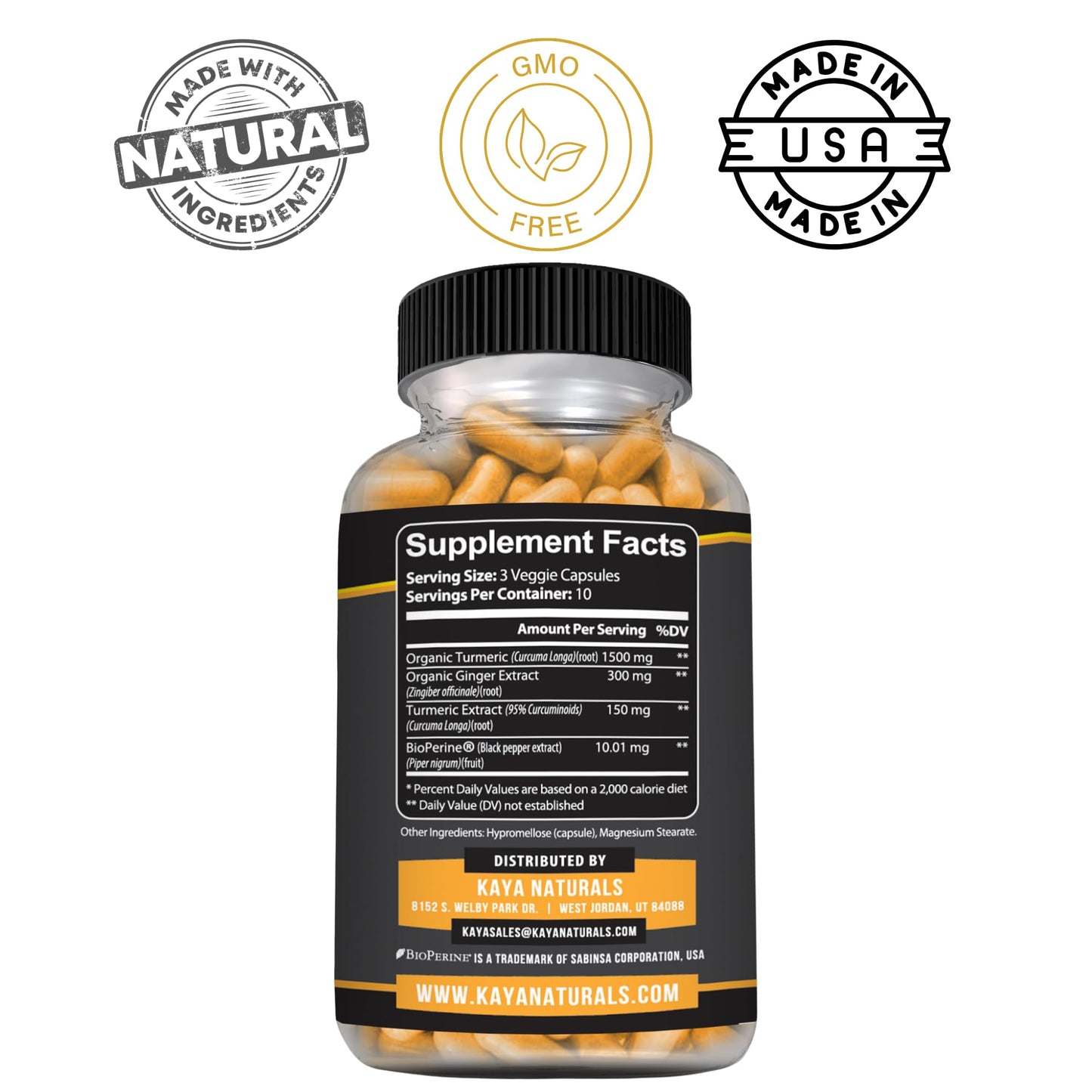 Kaya Naturals Tumeric Curcumin Standardized - Tumeric Ginger Supplement Movement Support with Bioperine - 1950mg - 30 Capsules
