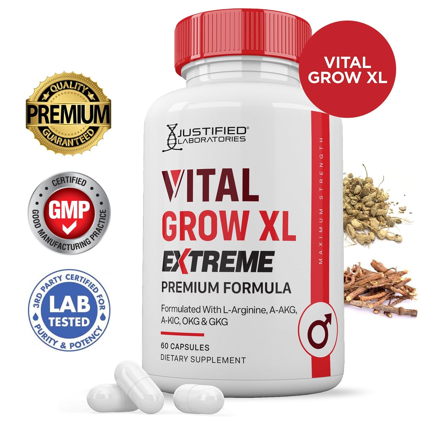 Justified Laboratories Vital Grow XL Extreme Pills 1600MG Premium Formula Proprietary Blend for Men's Health Capsules, 180 Count