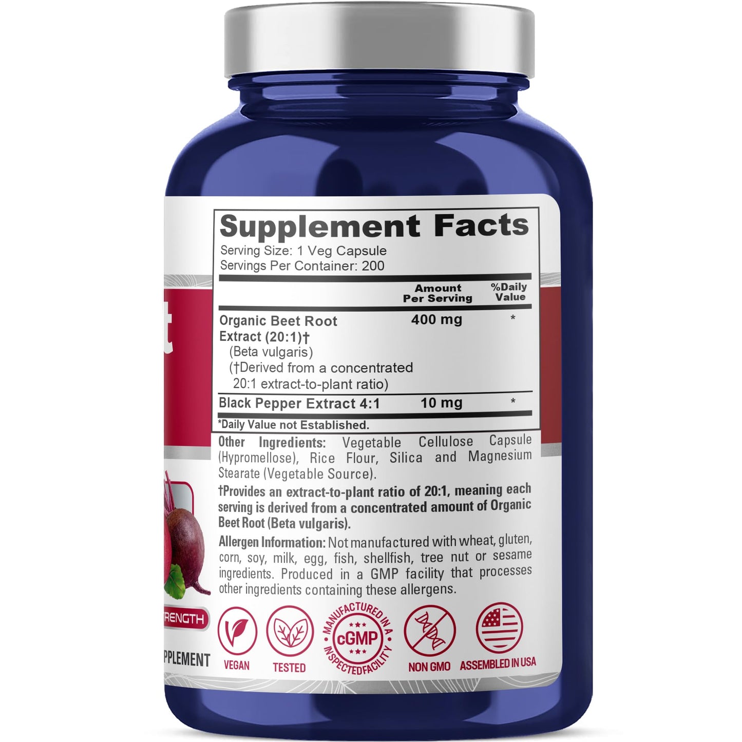 NusaPure Organic Beet Root 400mg Veg Capsules 200 Count