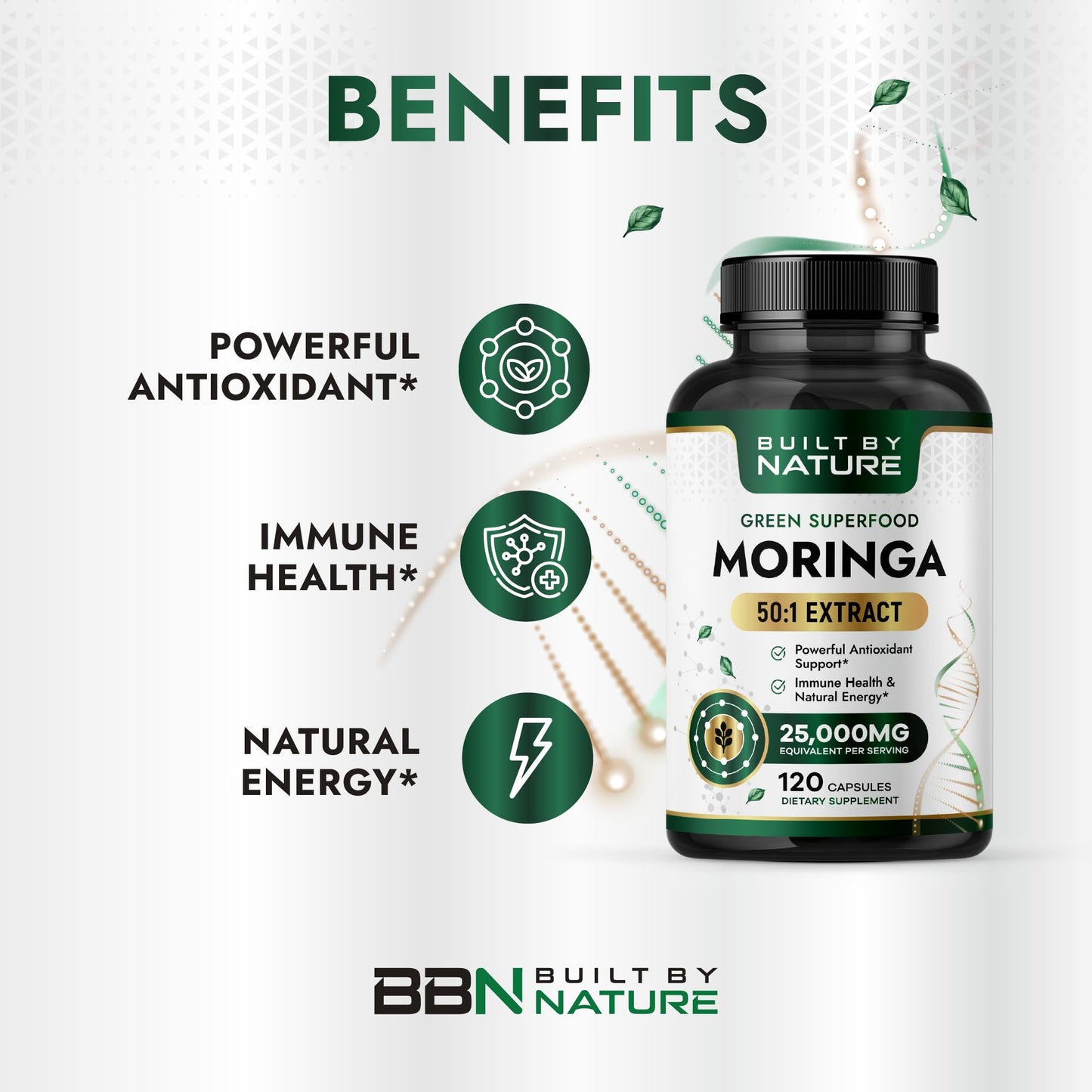 Built by Nature Moringa 500mg Pure Moringa Leaf Extract 50:1 per Serving High Potency Moringa Supplement Capsules 120