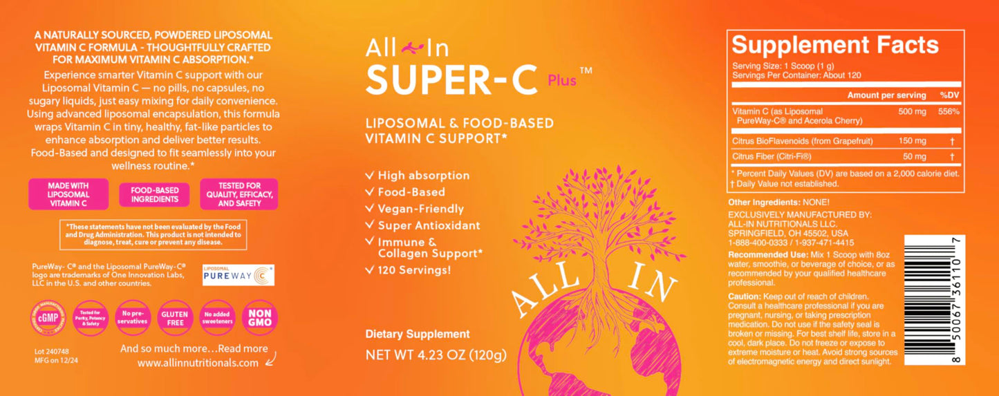All In Nutritionals Super-C Plus Liposomal Vitamin C Powder 4.23 Ounce