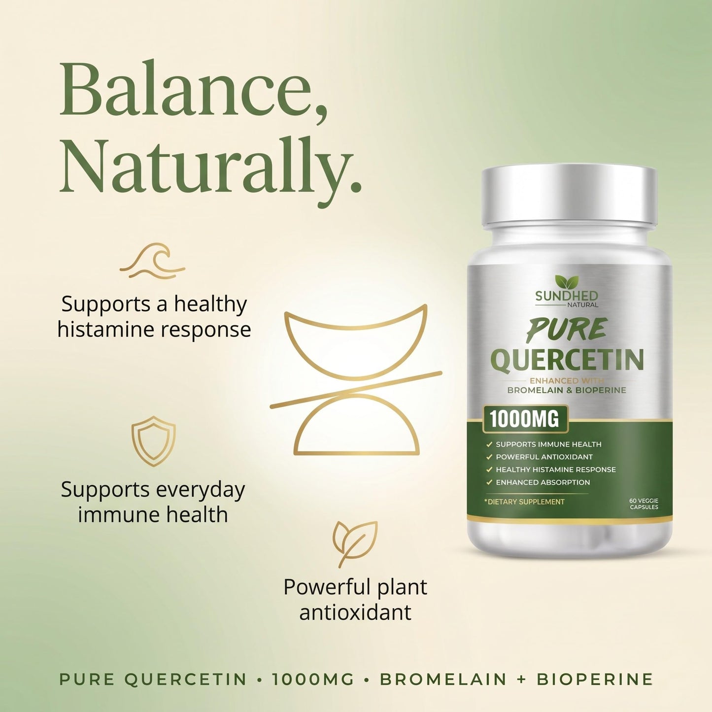 Sundhed Natural Pure Quercetin with Bromelain and Bioperine - Antioxidant Support, Extra Strong Formula with 1000mg, 60 Capsules