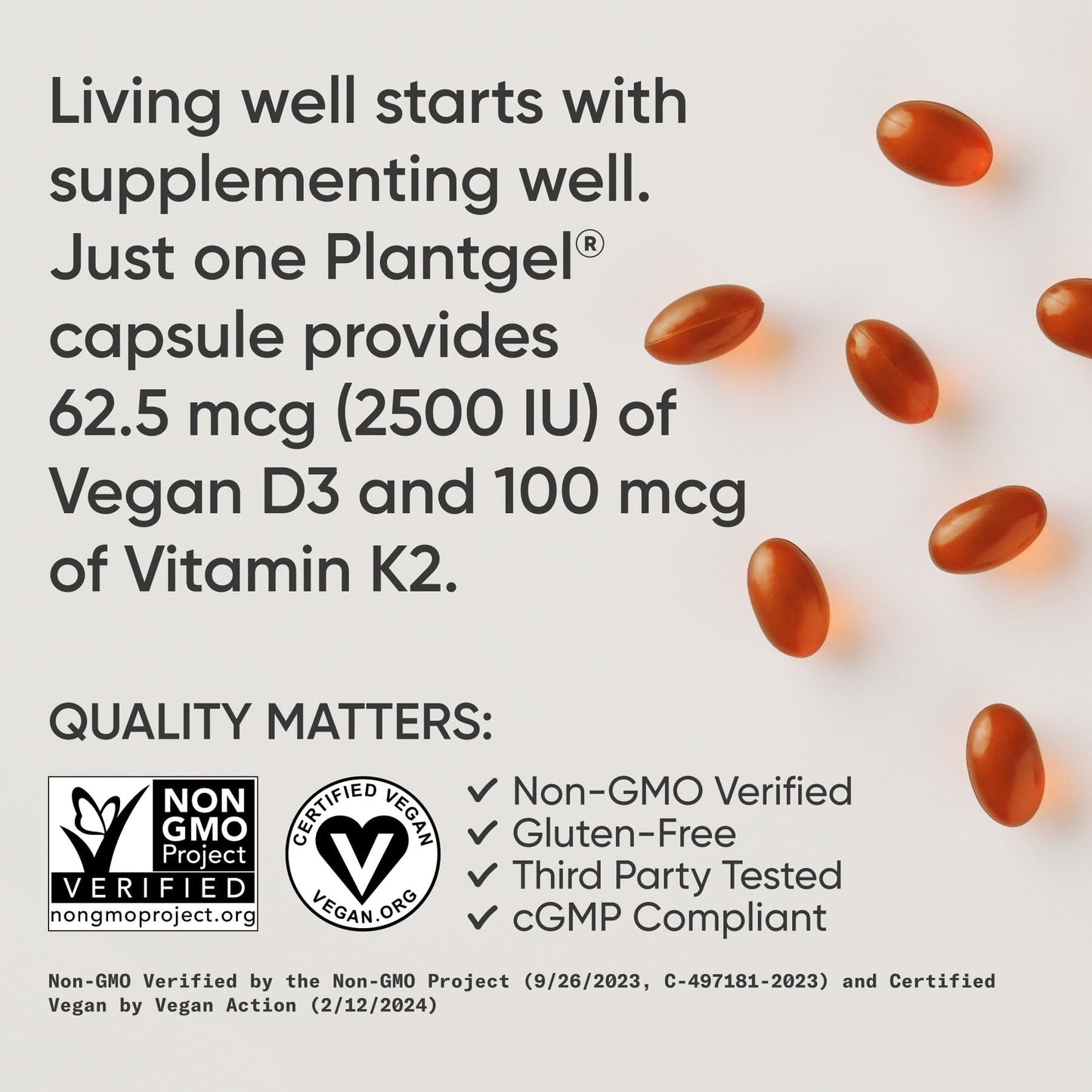 Sports Research Vitamin D3 + K2 with Coconut Oil - Vegan Vitamin D 2500iu (62.5mcg) & Mk7 Vitamin K 100mcg for Bone & Immune Support 60 Softgels