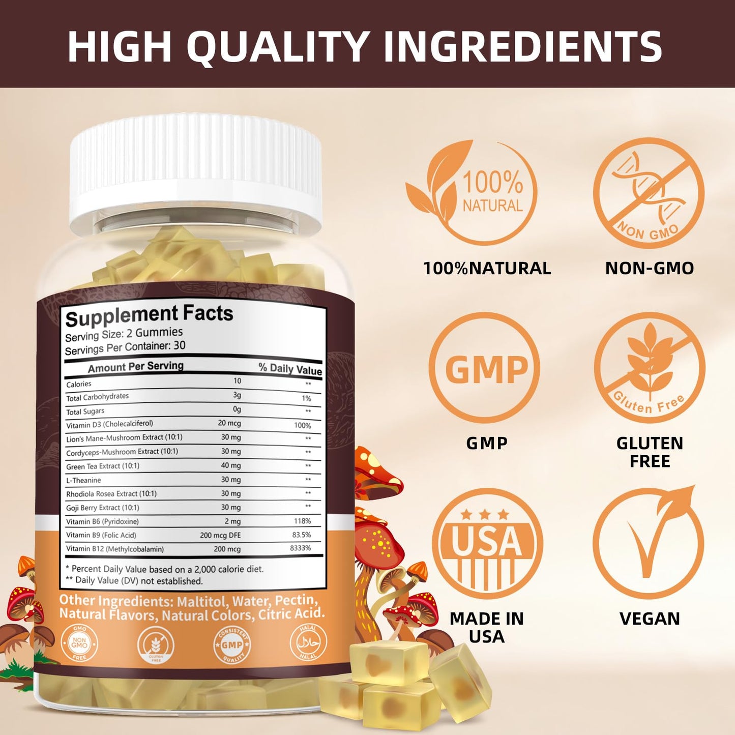 HEALOADING Mushroom Gummies with 10 Functional Mushrooms (Lion's Mane, Reishi, Chaga, Cordyceps & More) for Focus & Energy - Vegan, Non-GMO, 60 Gummies