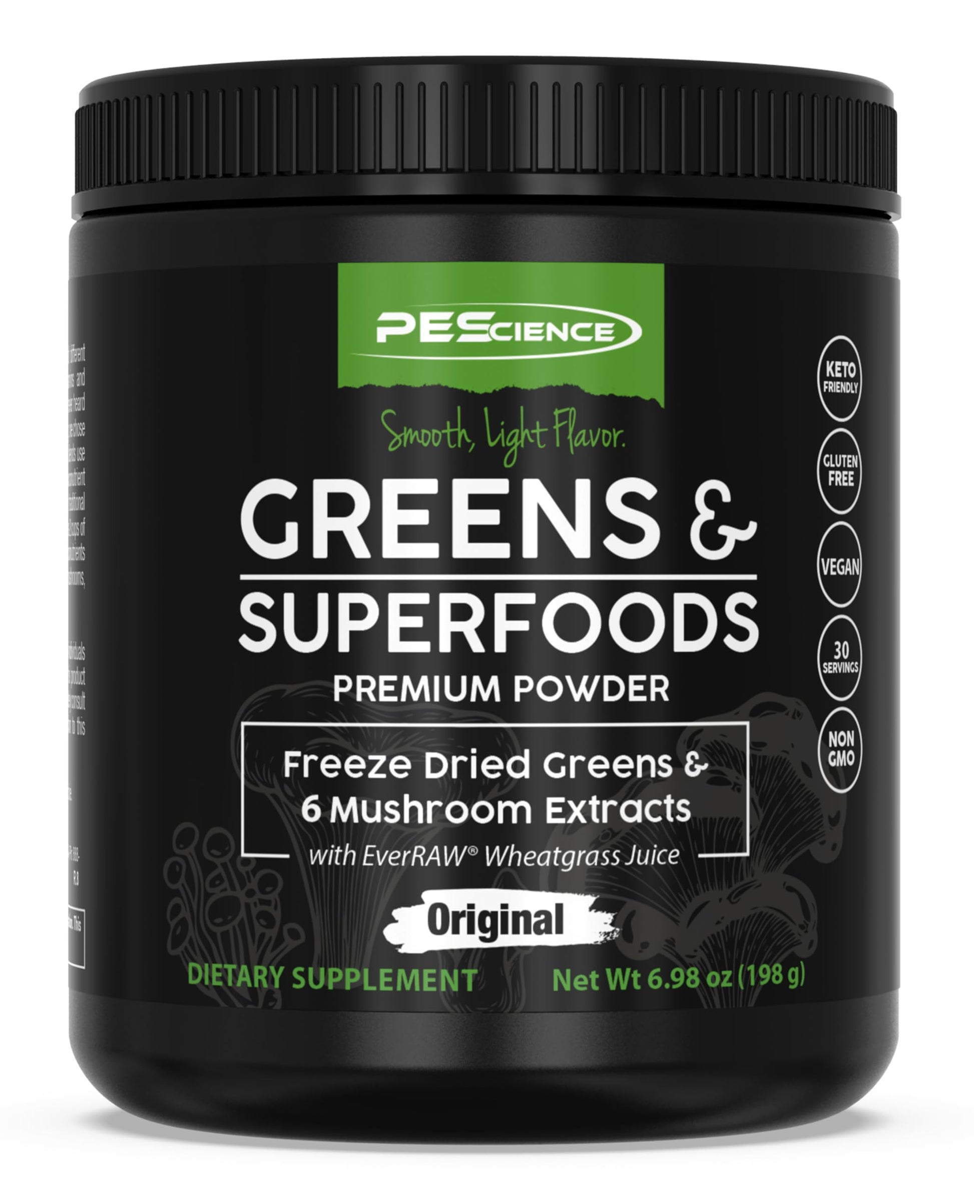 PEScience Greens Powder Superfood with Natural Chlorophyll, Reishi & Turkey Tail Mushroom Powders, Freeze-Dried Kale, Spinach, Broccoli Sprouts with Antioxidants, 6.9 oz