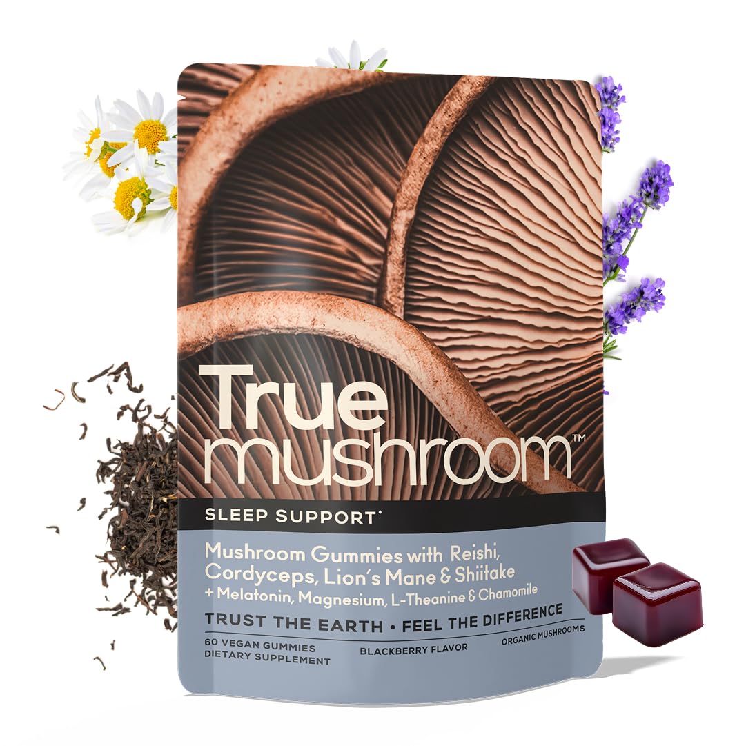 TrueMushroom Sleep Support Mushroom Gummy Supplement with Melatonin, Lion’s Mane, Cordyceps, Reishi, Shiitake, BlackBerry Flavor, 60 Gummies