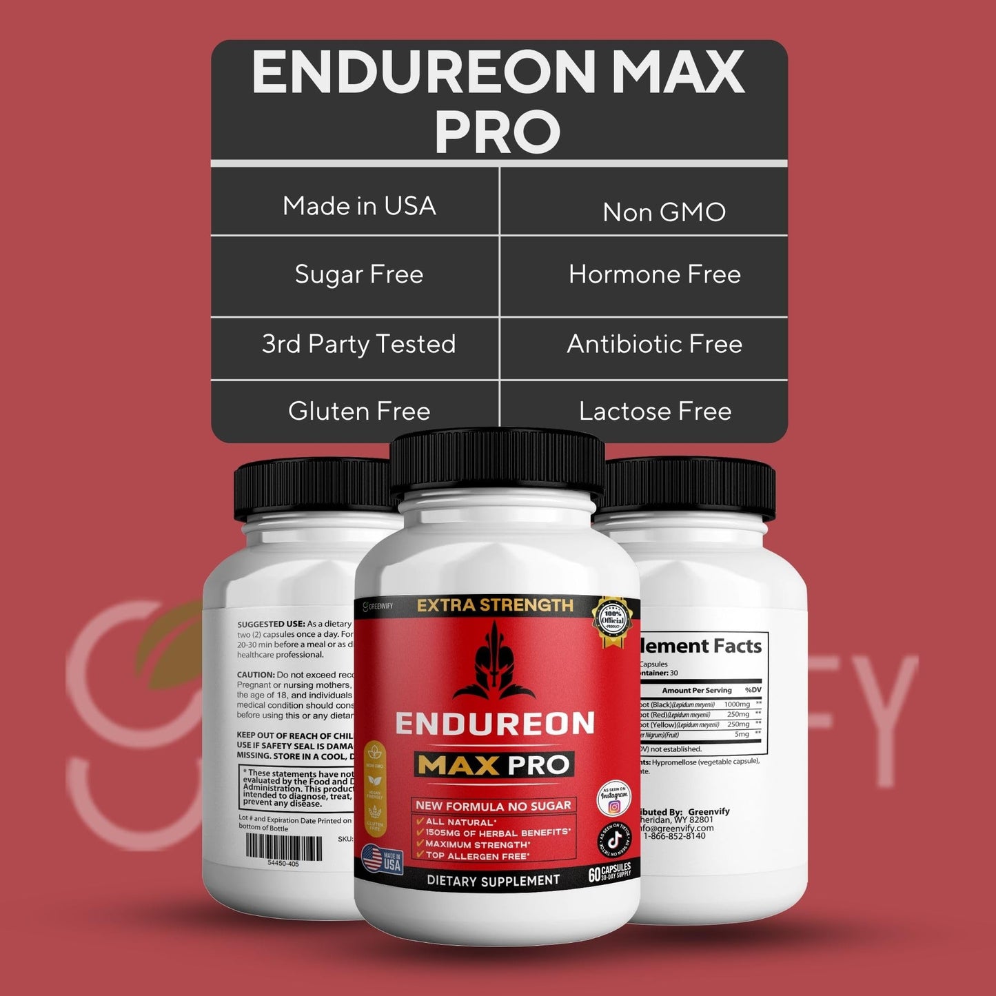 GREENVIFY Endureon MAX PRO Dietary Supplement Organic Maca Root Capsules, 60 Capsules