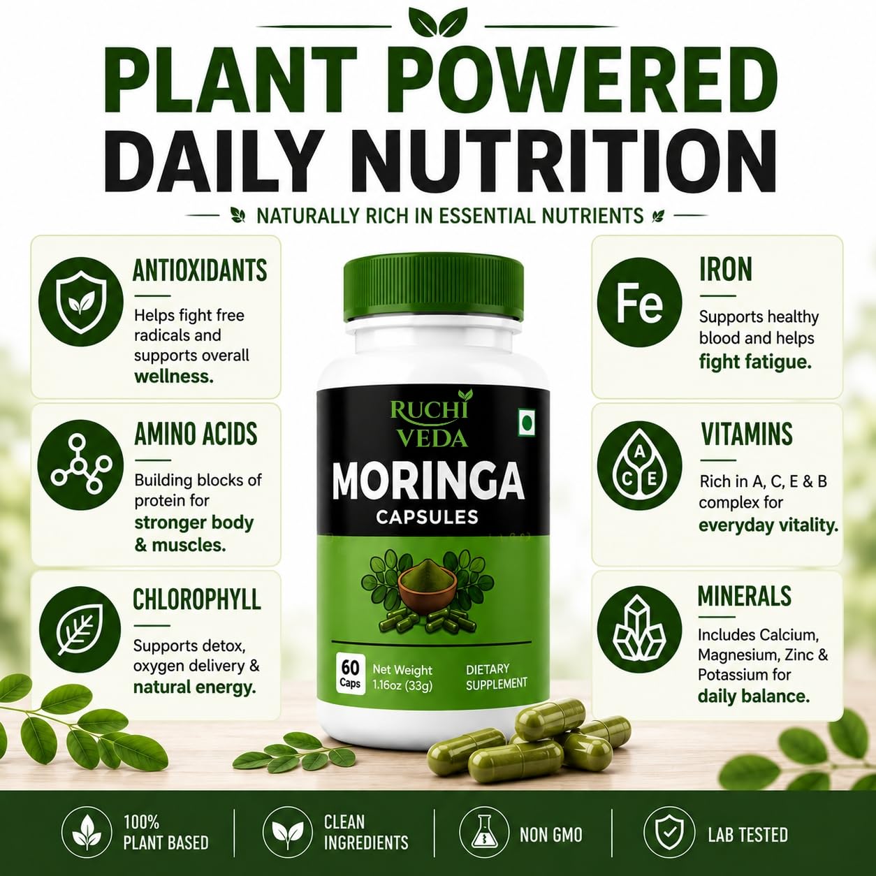 Ruchi Veda Moringa Capsules 1100mg per Serving, 60 Count