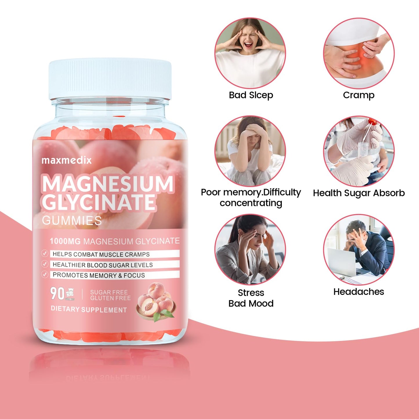 Maxmedix Magnesium Glycinate Gummies 1000mg, Sugar Free Magnesium Potassium Supplements Chewable with L-Threonate for Sleep, Body Support and Relaxation, 90 Gummies