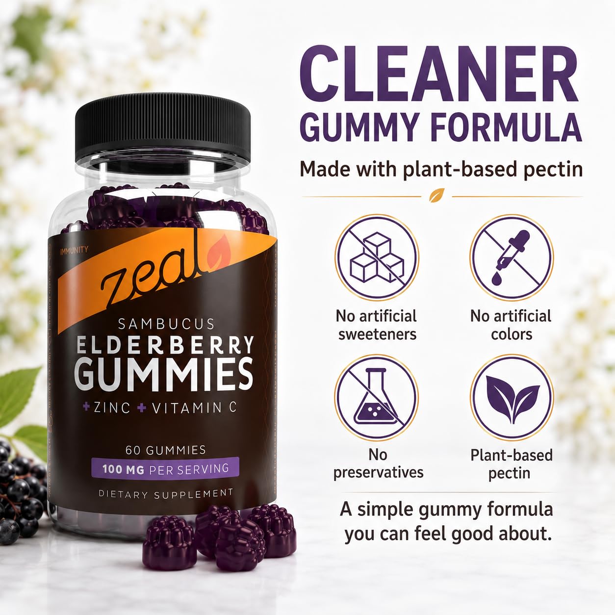 Zeal Naturals Sambucus Elderberry Gummies with Zinc and Vitamin C, 60 Count