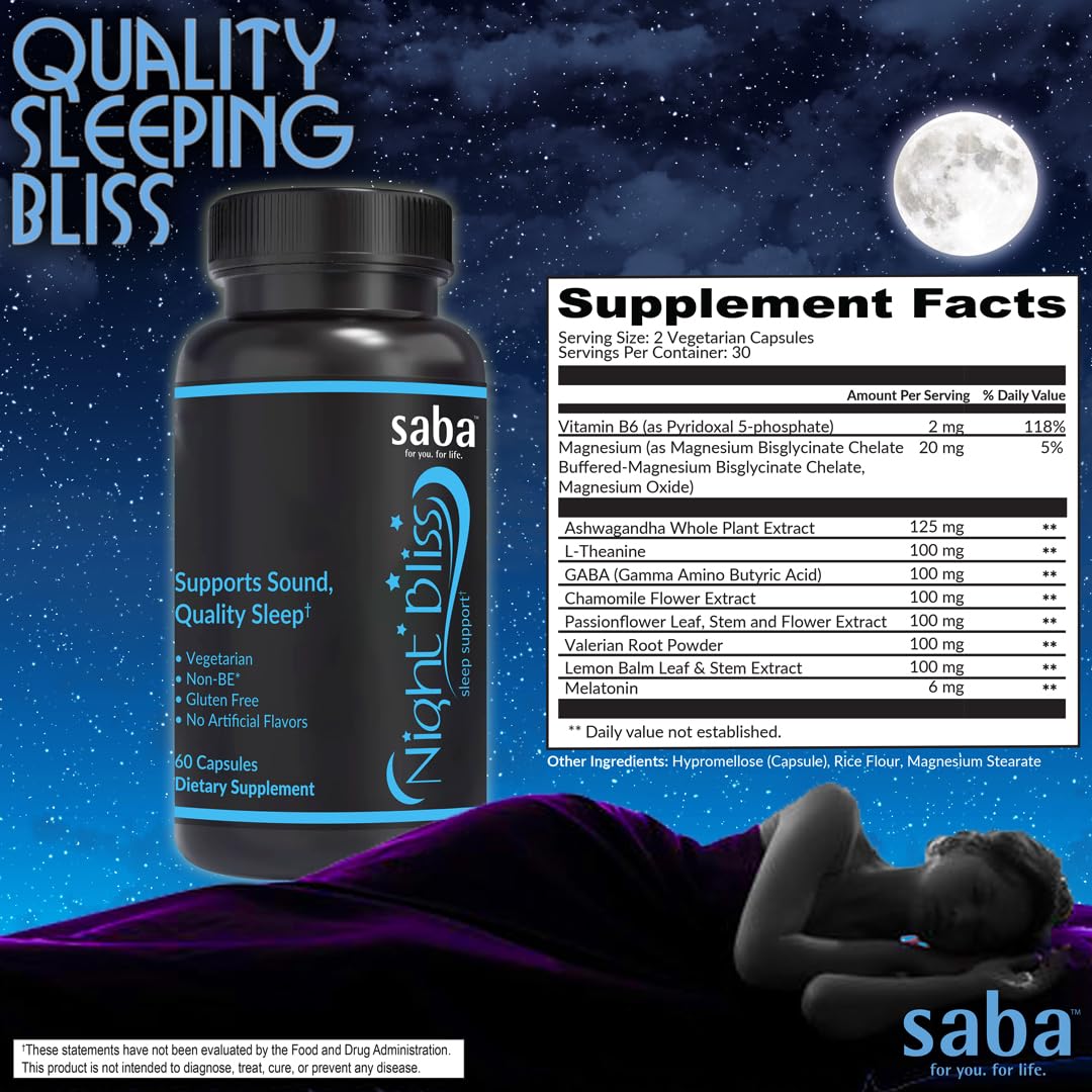 Saba Night Bliss Natural Sleep Aid Capsules, 60 Count