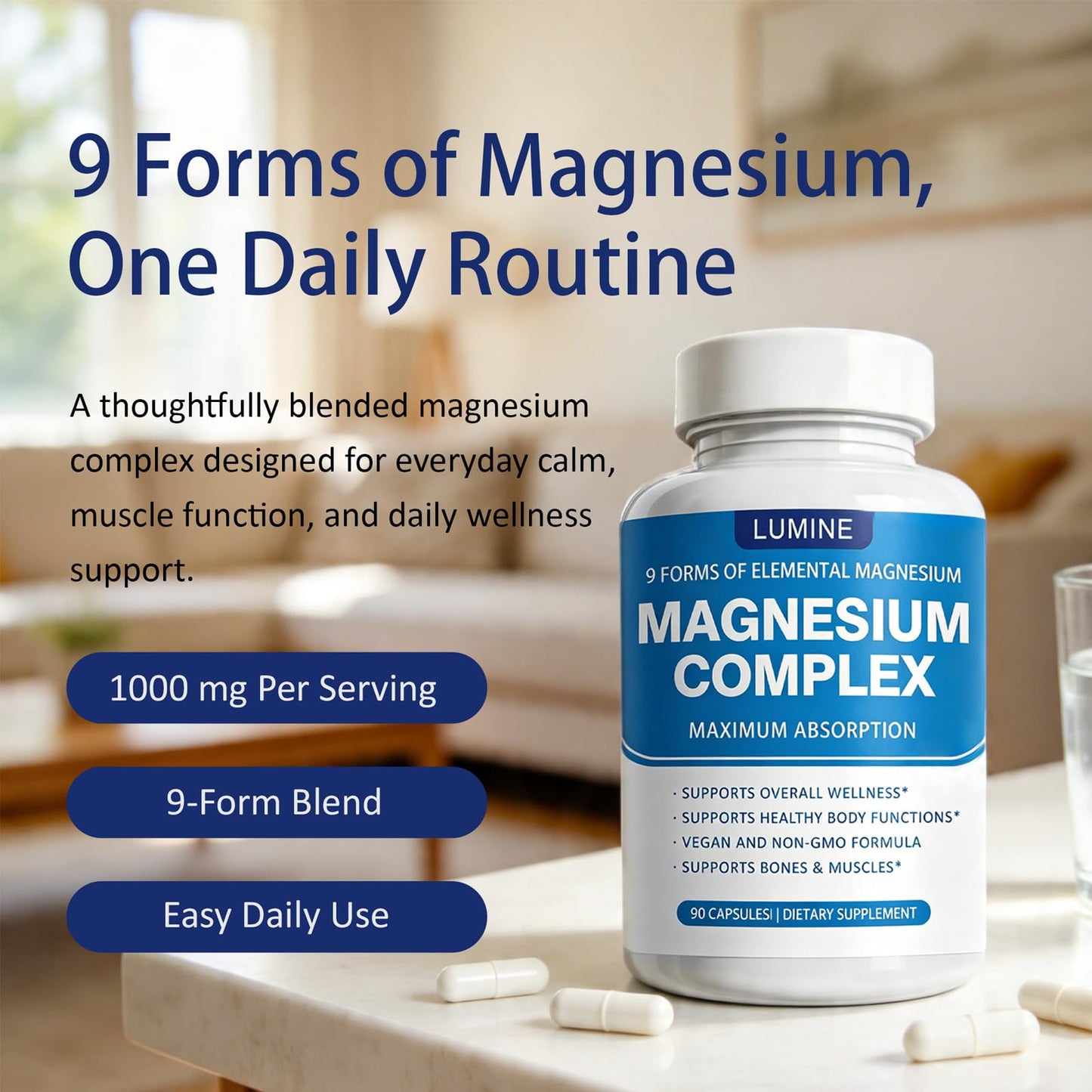 Berbino Lumine Magnesium Complex Supplement 1000 mg, 8-Form Magnesium Blend with Glycinate, Citrate, Malate, Taurate, Chelated for Easy Absorption, 90 Capsules