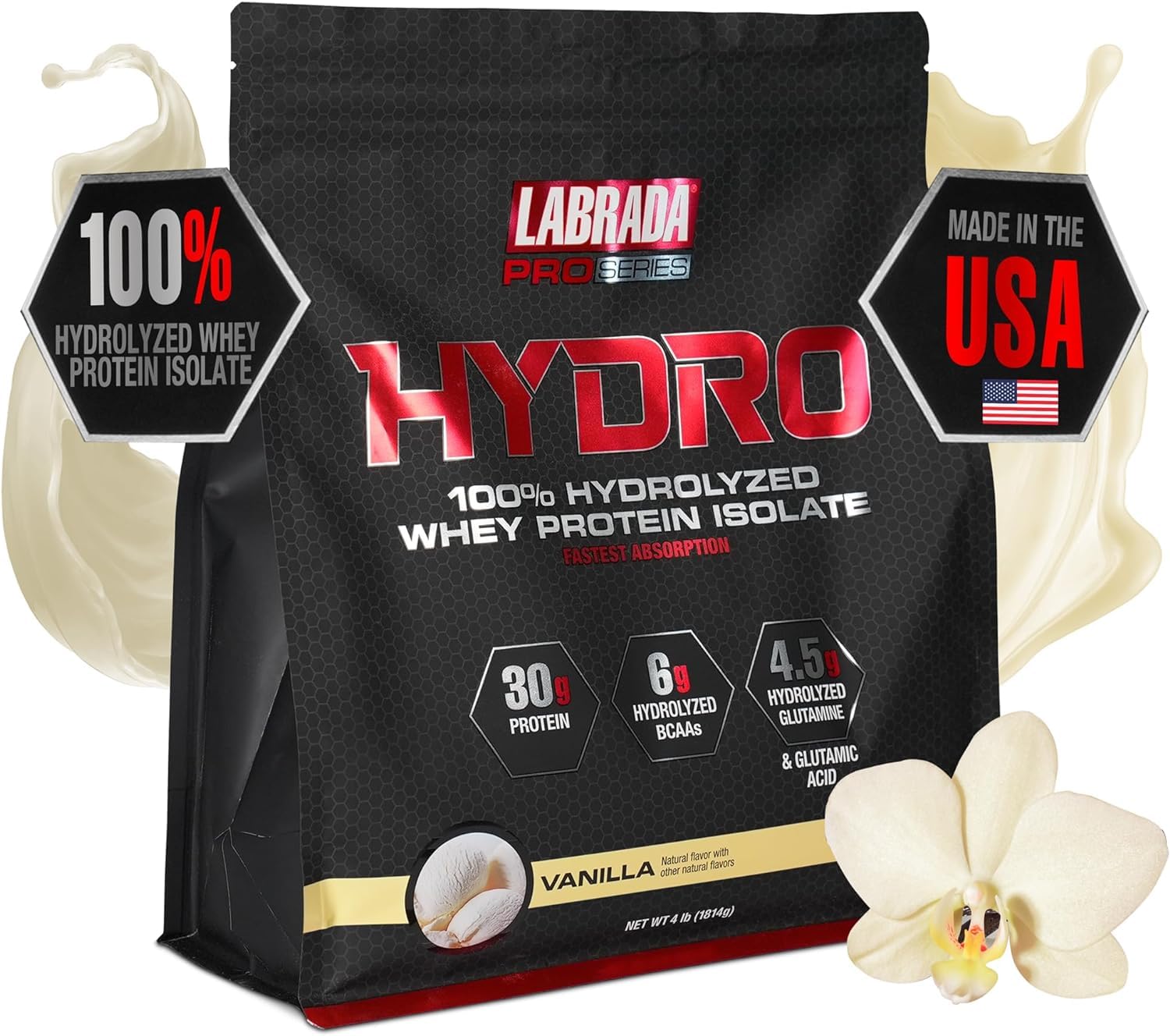 Labrada Hydro 100% Pure Hydrolyzed Whey Protein Isolate Powder, Vanilla, 64 Servings, 4 lb