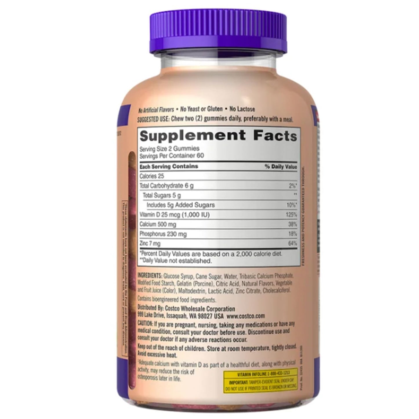 Generic KS Calcium 500 mg with Vitamin D3 1000 IU & Zinc Gummies, 120 Count