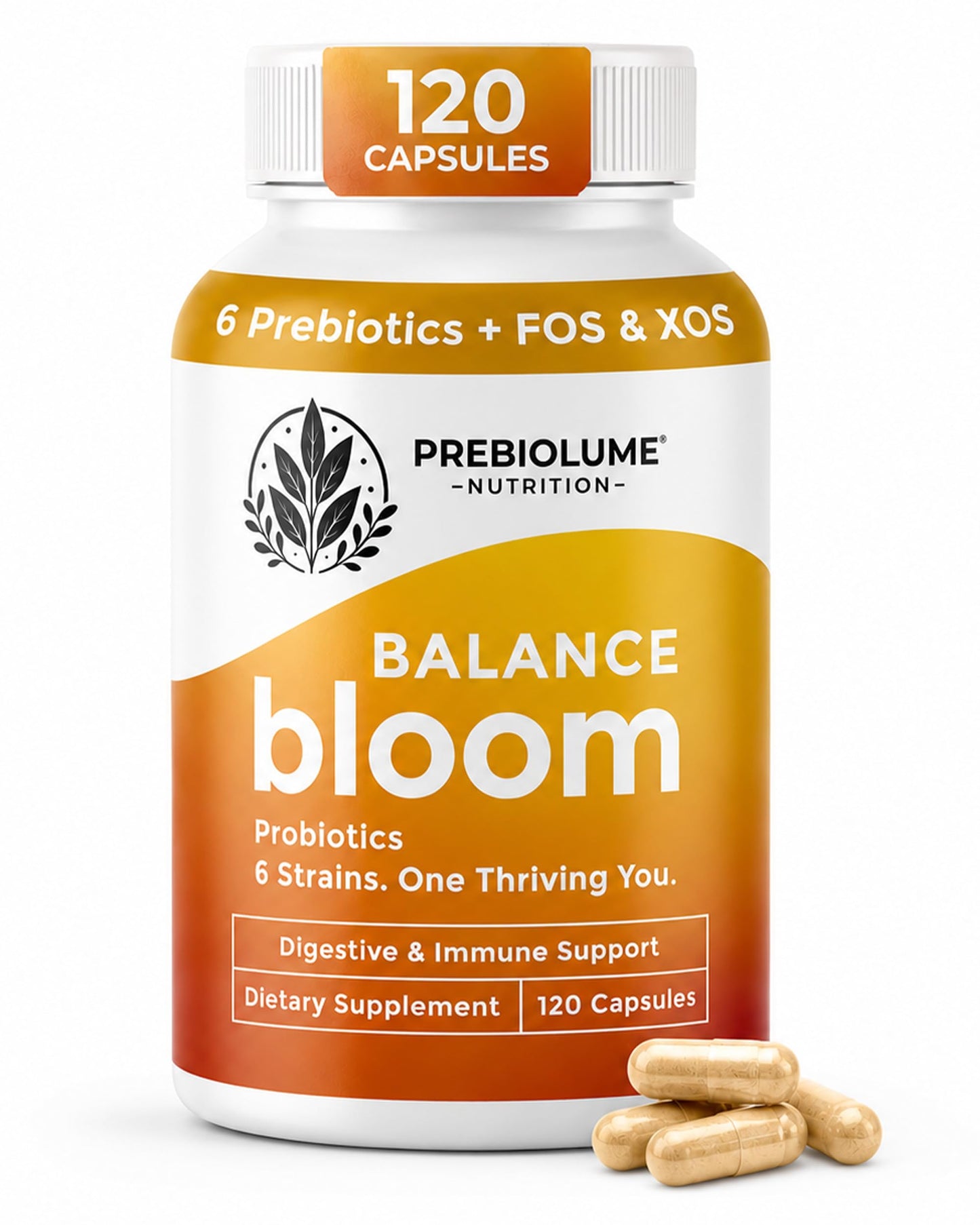 Prebiolume Prebiotics and Probiotics for Women & Men - 6 Probiotic Strains with DE111, 750 Million CFU, Supports Digestive & Immune Function, FOS & XOS Prebiotics, Gut-Brain Health, Shelf-Stable, 120 Capsules