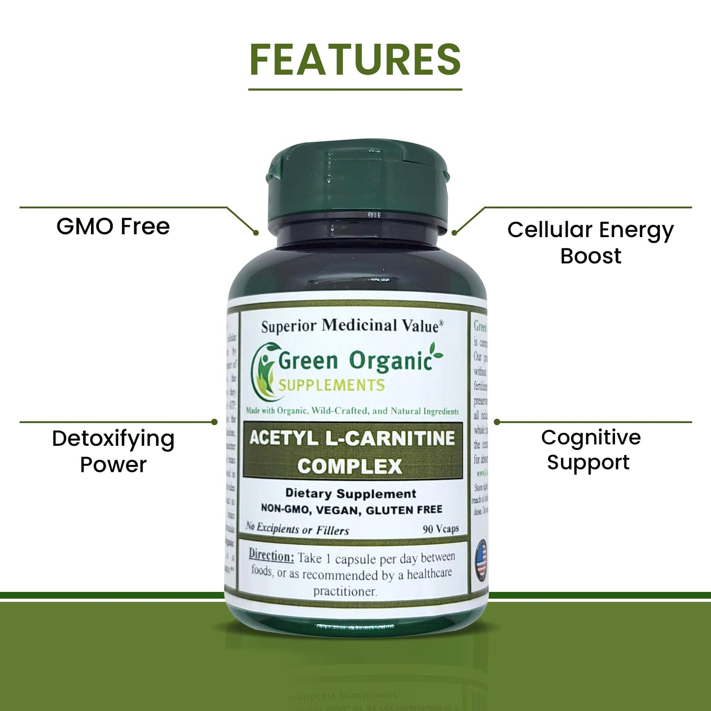 Green Organic Supplements Acetyl L-Carnitine Capsules, 90 Capsules