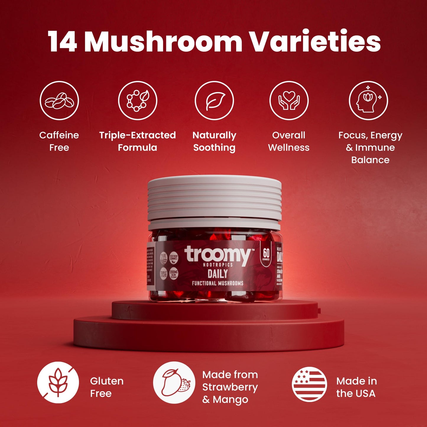 Troomy Nootropics Daily 14 Mushroom Blend Gummies 60 Count