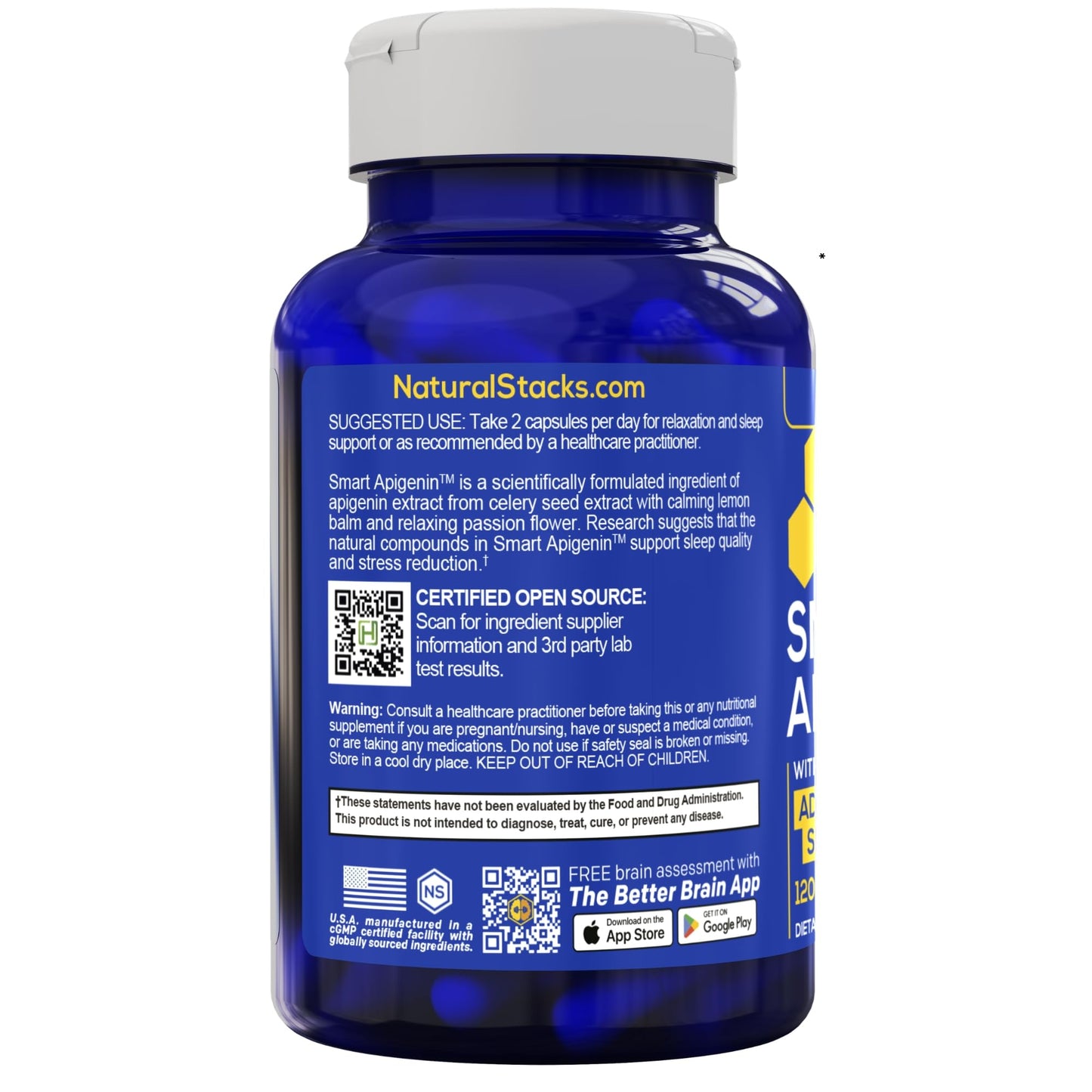 Natural Stacks Apigenin 50mg Sleep Supplement With Lemon Balm 600mg Capsules, 120 Capsules
