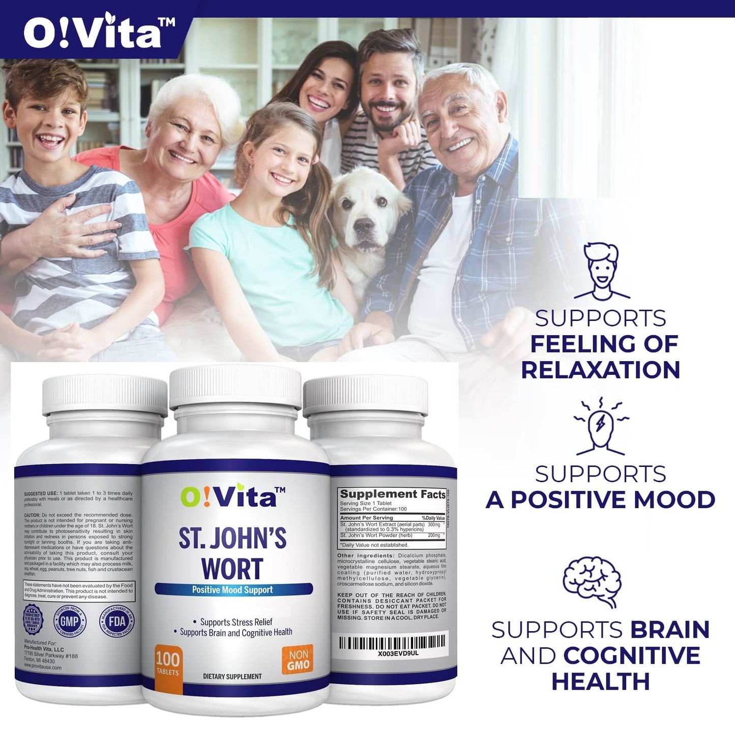 O!VITA St. John's Wort 500mg Tablet, 100 Count