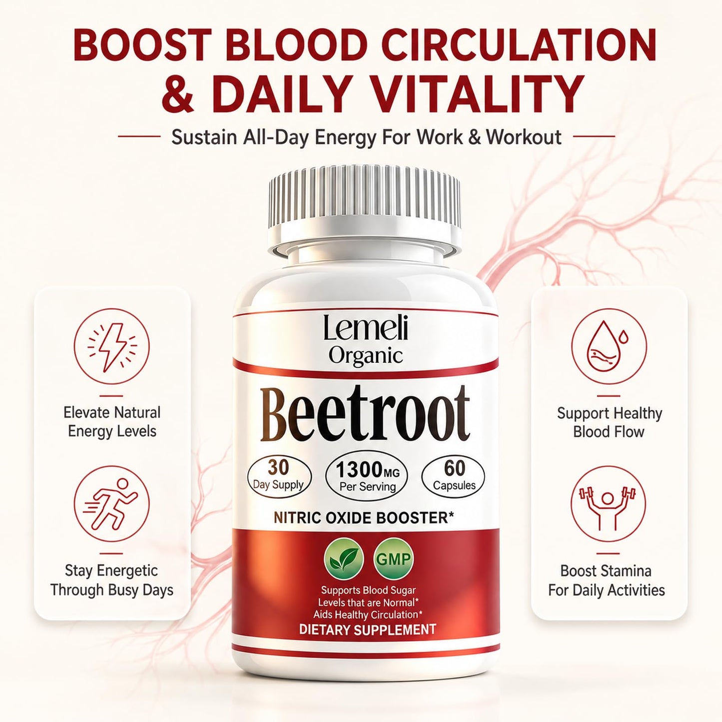 Lemeli Organic Beet Root Capsules 1300mg – Beetroot Organic Powder Extract Supplement, Energy, Circulation & Stamina – Non GMO, Gluten Free, Plant Based, 60 Capsules