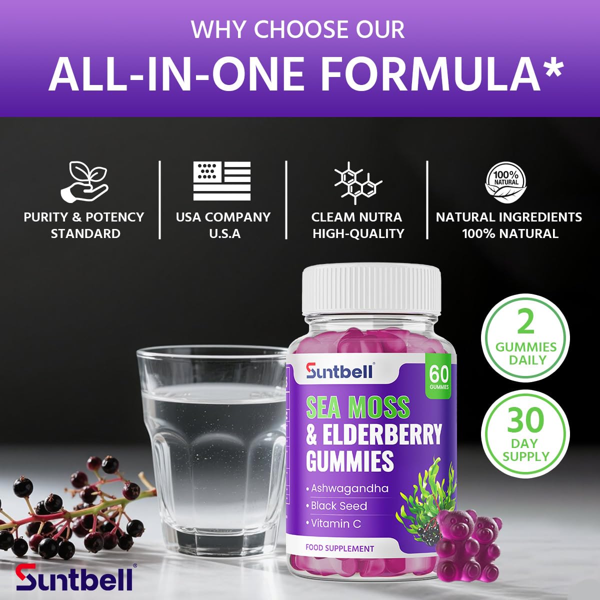 Suntbell Sea Moss Gummies, Immune Support with Elderberry, Ashwagandha, Zinc & Vitamin C, Vegan, Grape Flavor, 60 Gummies