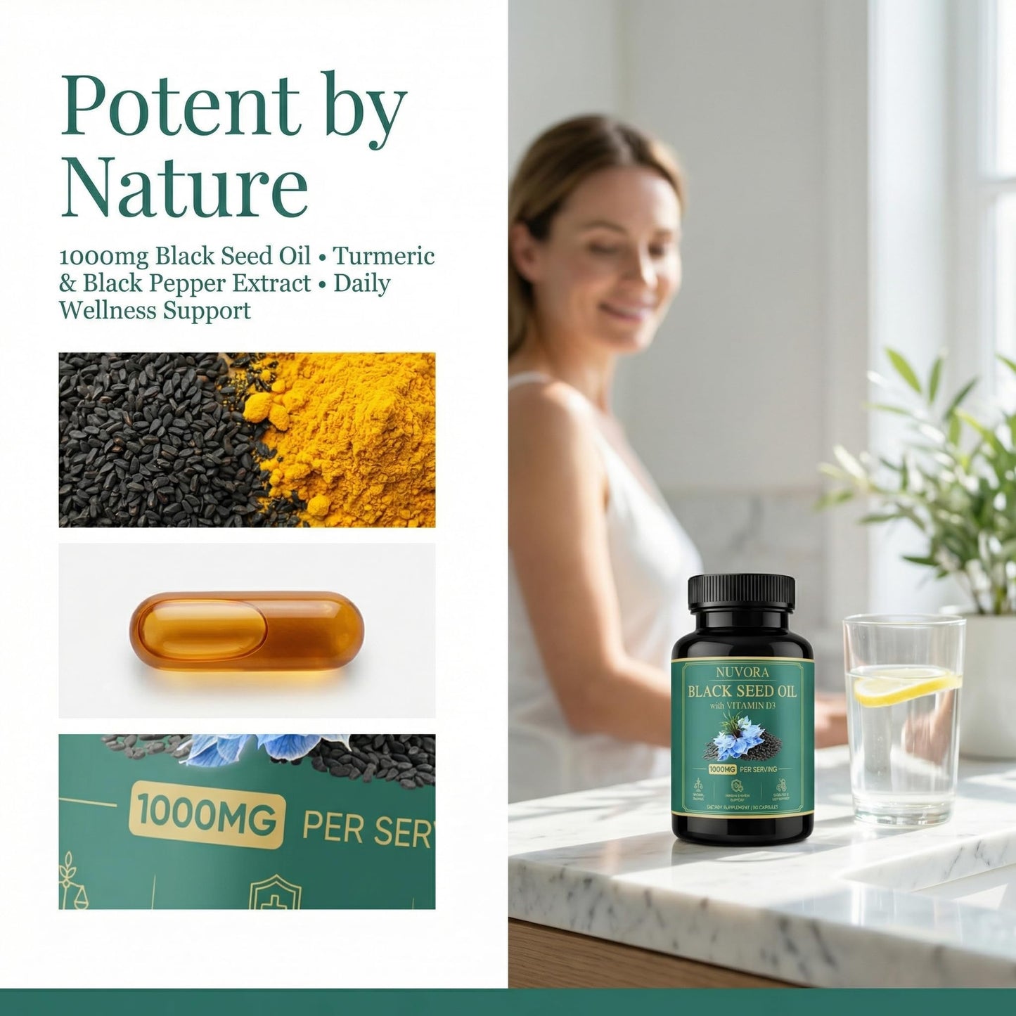 KBKTWOLT Nuvora Black Seed Oil Capsules 1000mg with Turmeric & Black Pepper Extract, Standardized 5% Thymoquinone for Daily Balance & Immune Support, Non-GMO, Gluten-Free 90 Capsules